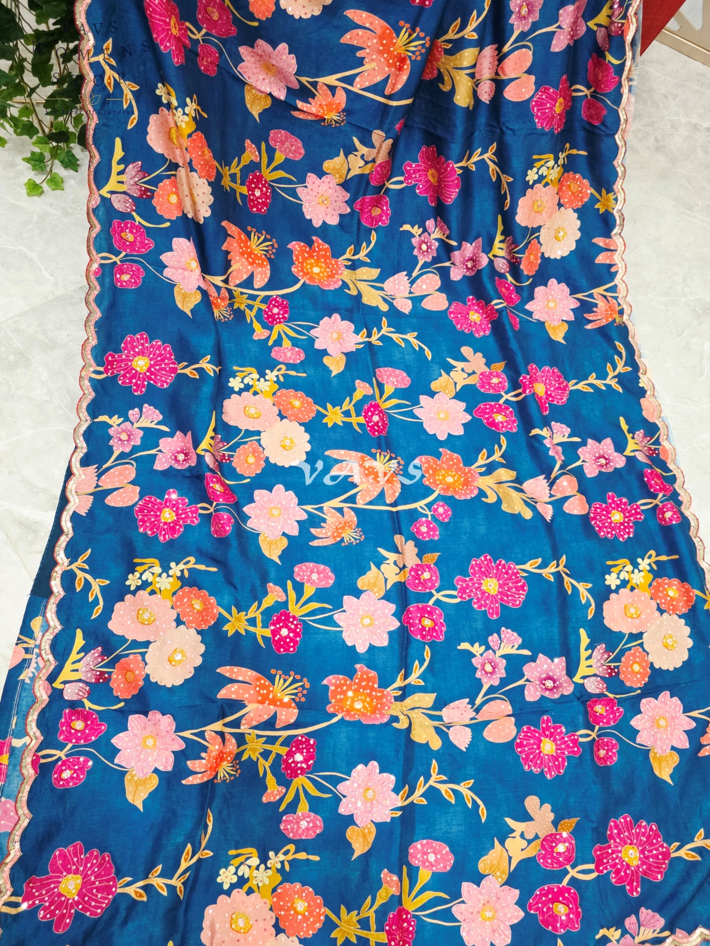 Royal Peacock Teal Soft Russian Crepe Silk Floral Saree with Sequin Scallop Border & Stitched Blouse Size 38-44