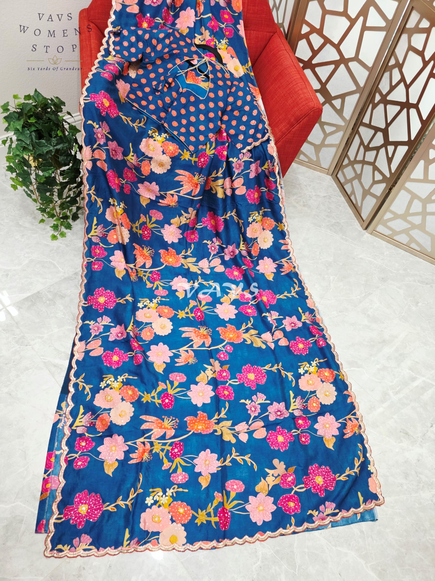 Royal Peacock Teal Soft Russian Crepe Silk Floral Saree with Sequin Scallop Border & Stitched Blouse Size 38-44