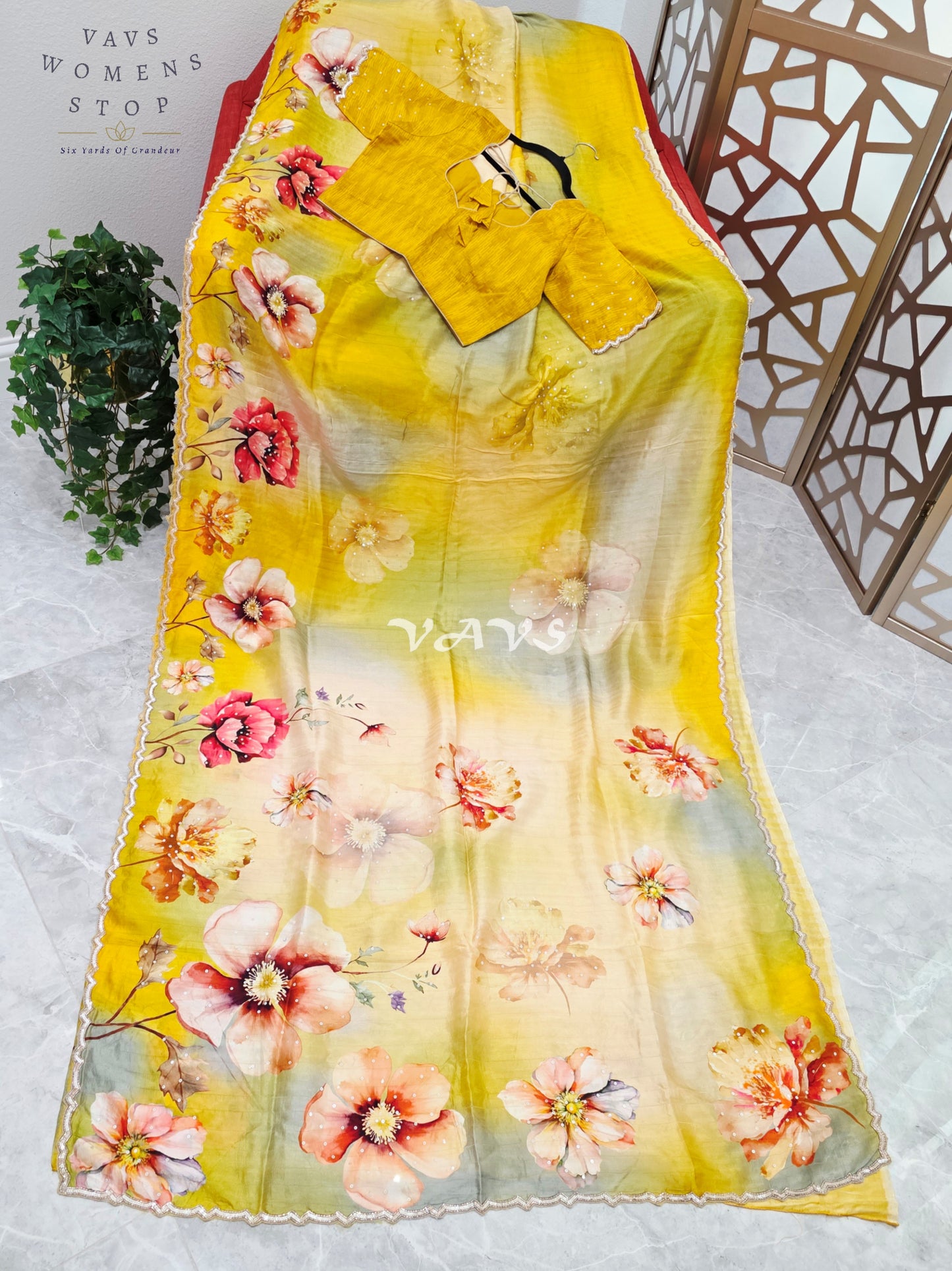 Regal Citrine Sage Ombré Floral Russian Crepe Silk Saree with Sequin Border & Stitched Blouse