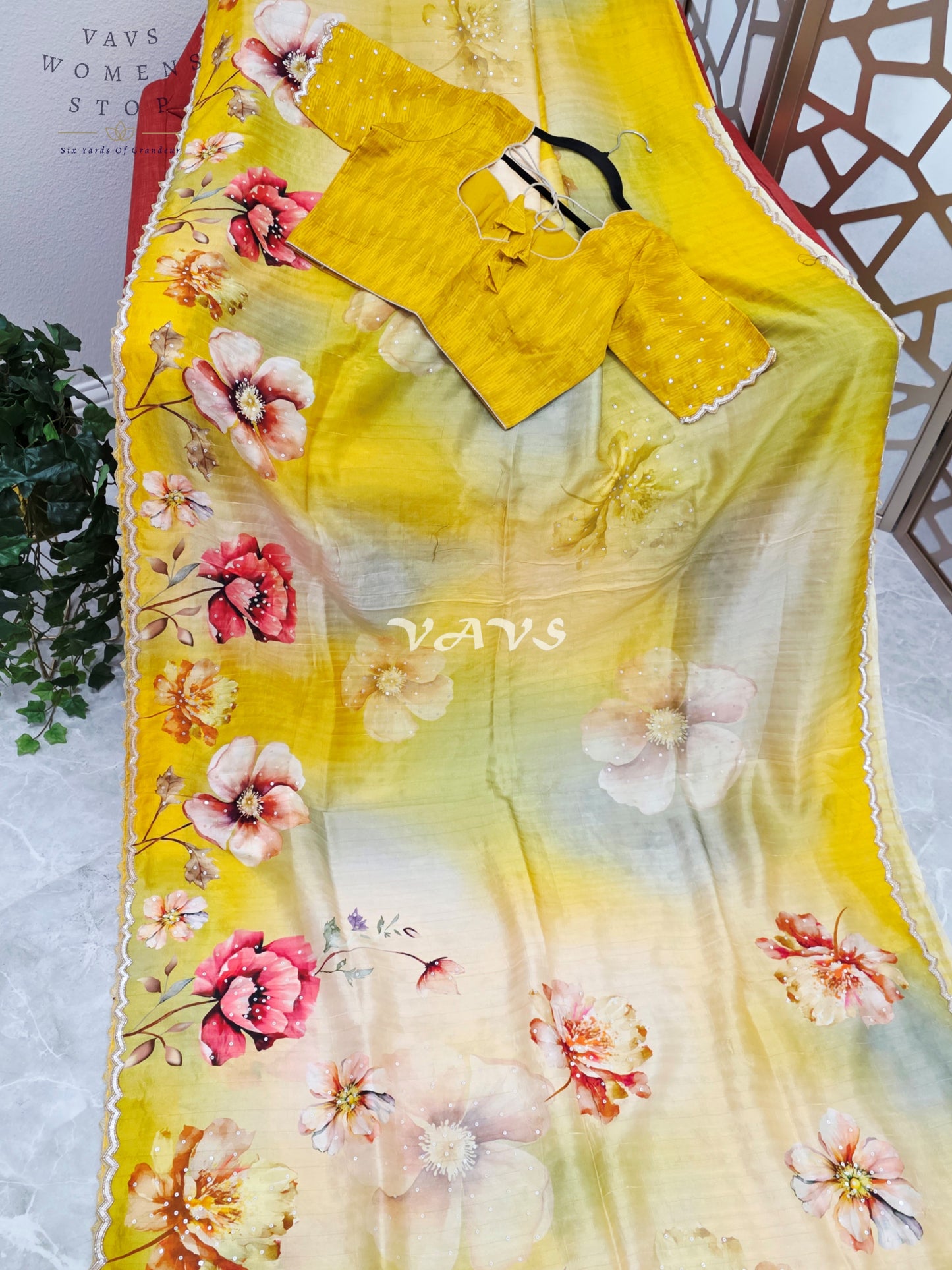 Regal Citrine Sage Ombré Floral Russian Crepe Silk Saree with Sequin Border & Stitched Blouse