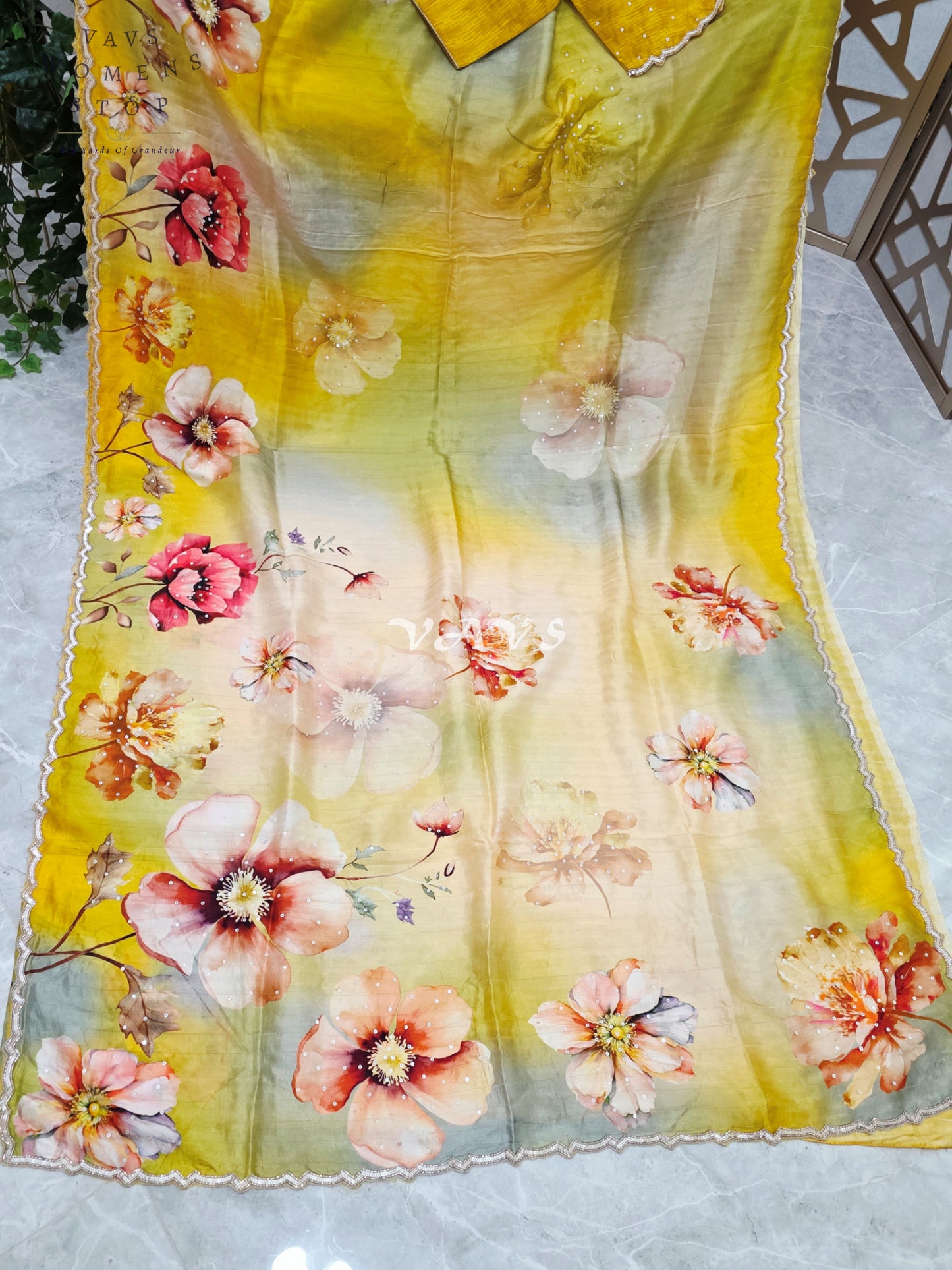 Regal Citrine Sage Ombré Floral Russian Crepe Silk Saree with Sequin Border & Stitched Blouse