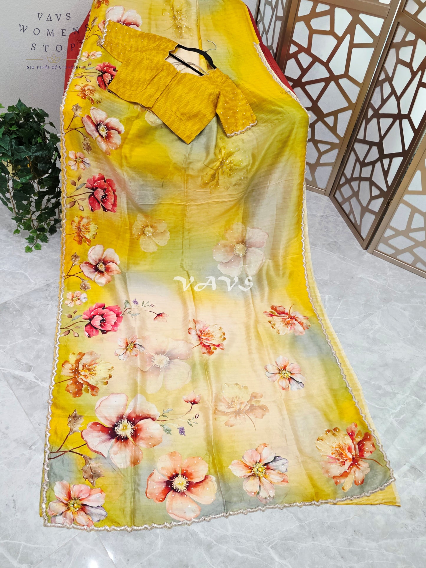 Regal Citrine Sage Ombré Floral Russian Crepe Silk Saree with Sequin Border & Stitched Blouse