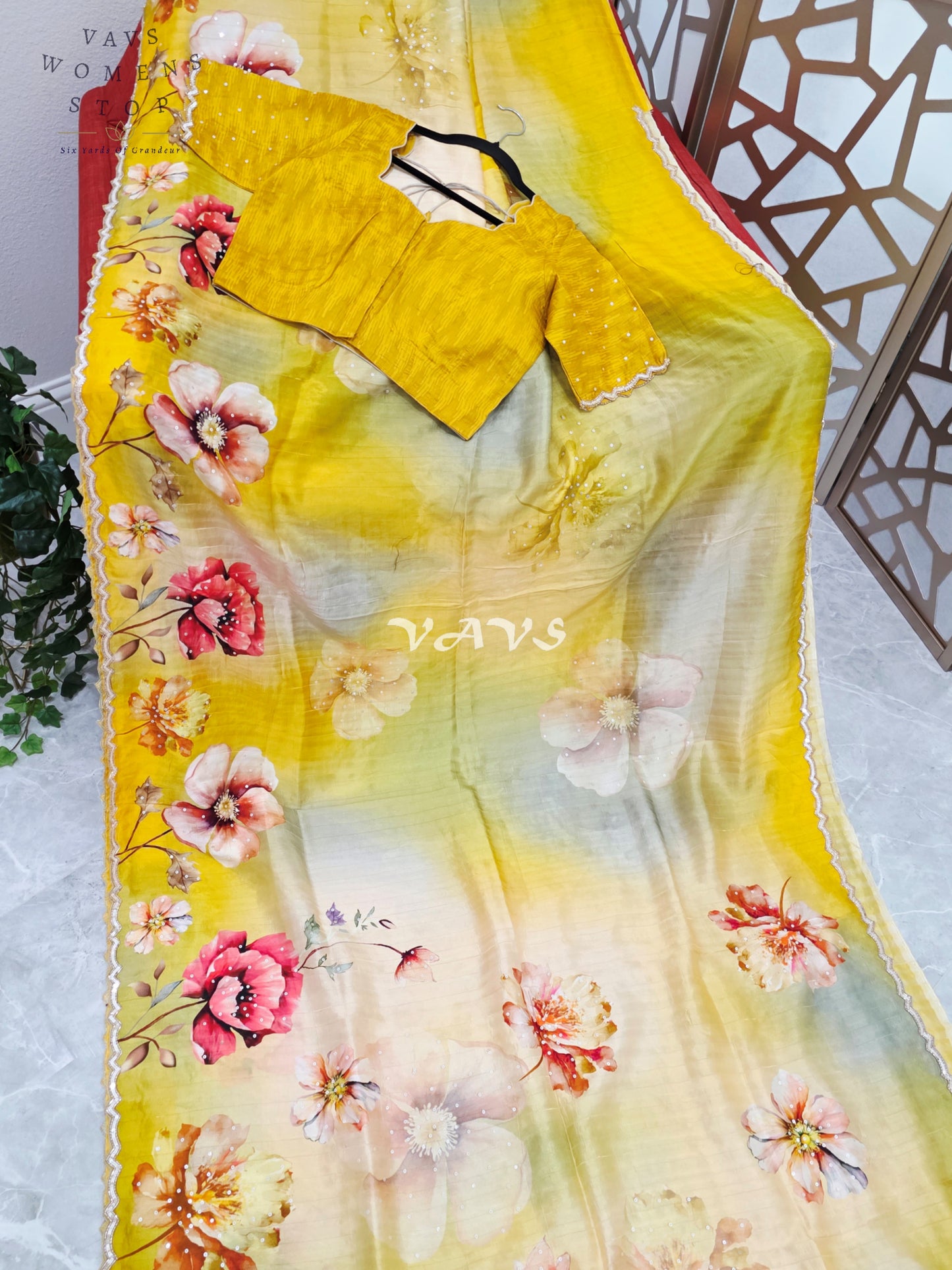 Regal Citrine Sage Ombré Floral Russian Crepe Silk Saree with Sequin Border & Stitched Blouse