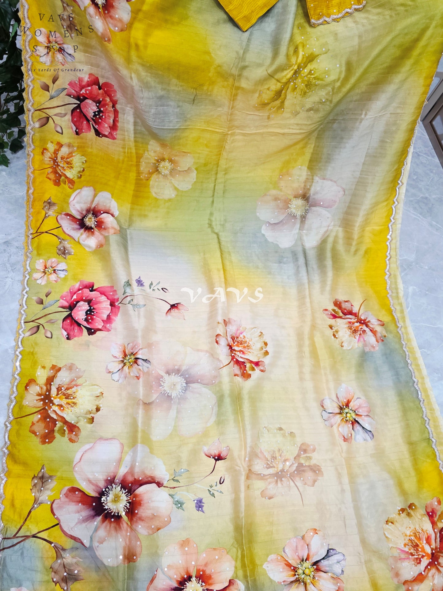 Regal Citrine Sage Ombré Floral Russian Crepe Silk Saree with Sequin Border & Stitched Blouse