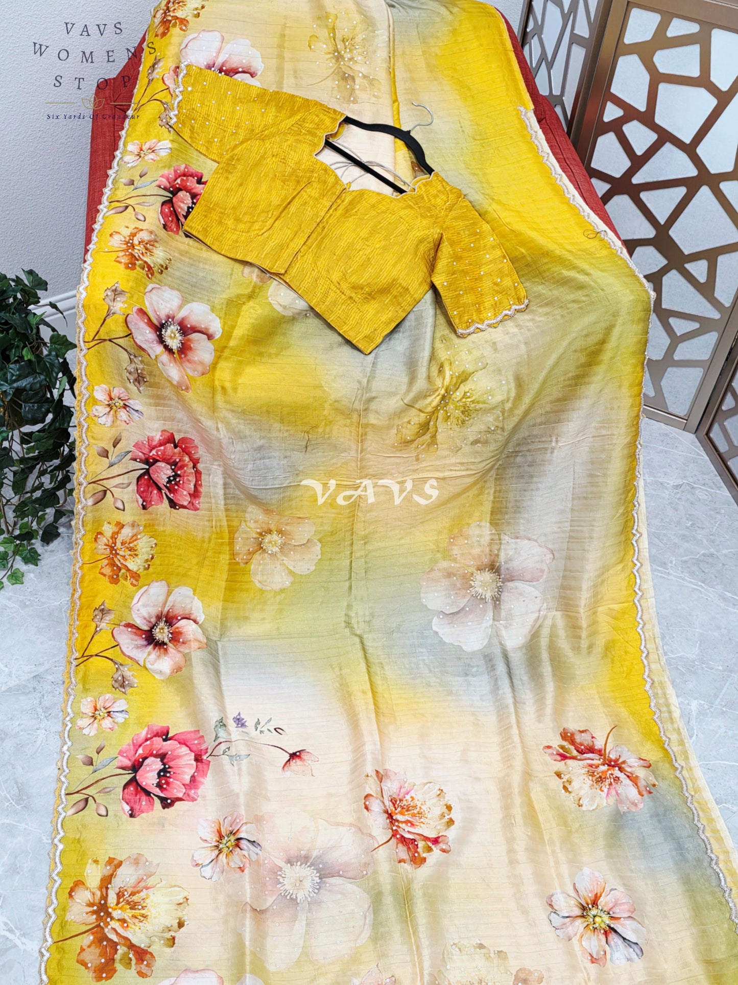 Regal Citrine Sage Ombré Floral Russian Crepe Silk Saree with Sequin Border & Stitched Blouse