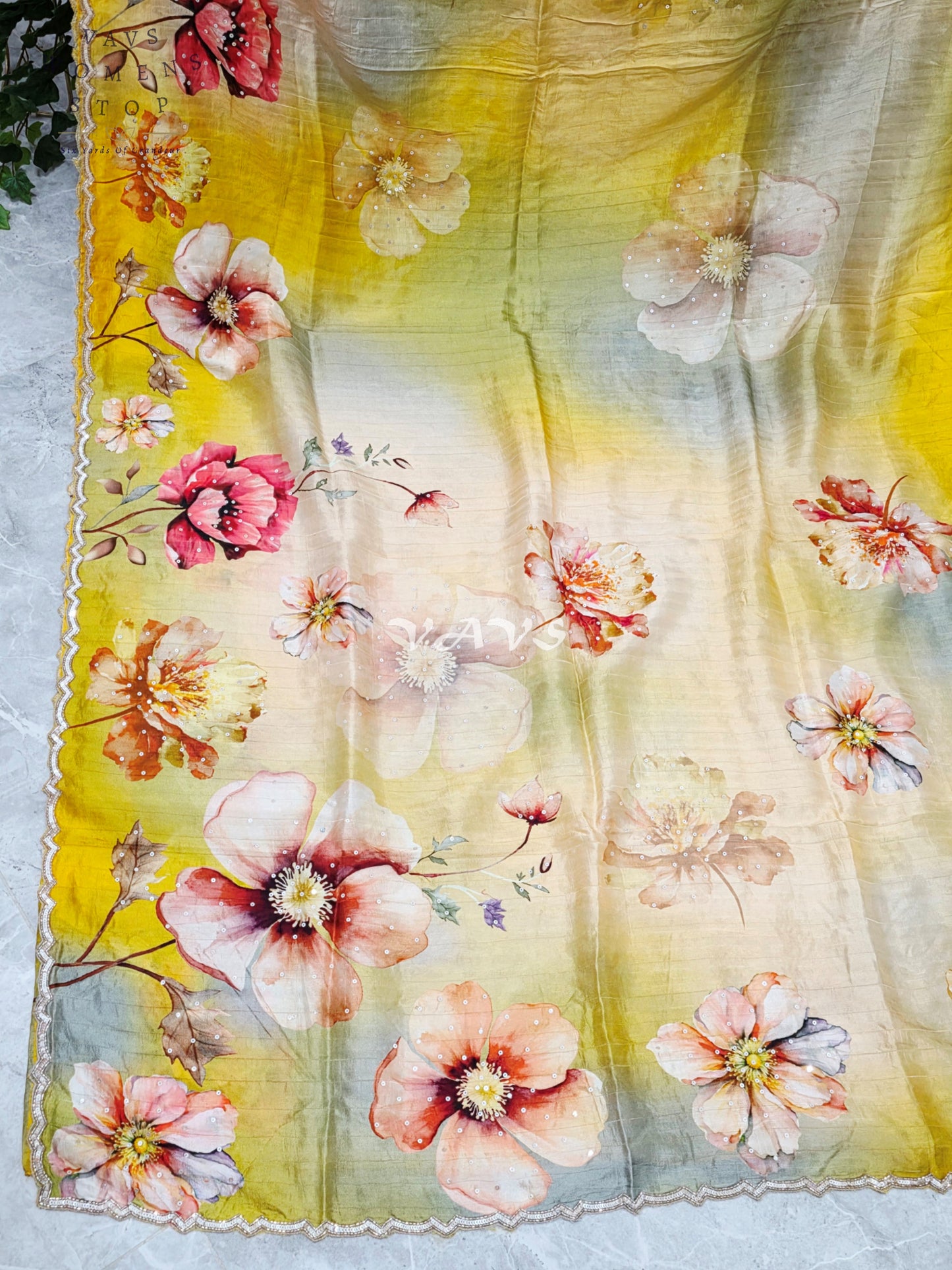 Regal Citrine Sage Ombré Floral Russian Crepe Silk Saree with Sequin Border & Stitched Blouse