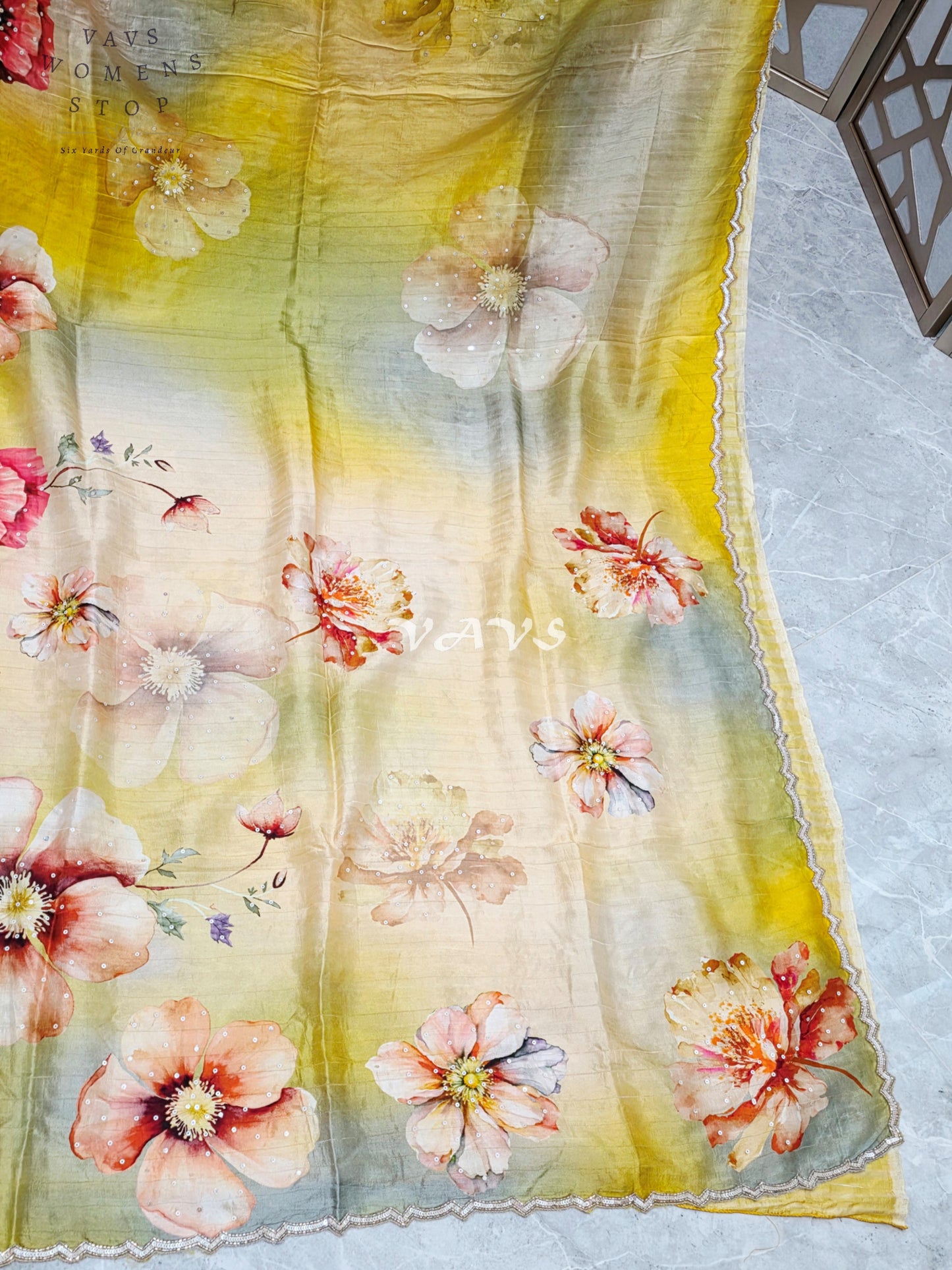 Regal Citrine Sage Ombré Floral Russian Crepe Silk Saree with Sequin Border & Stitched Blouse