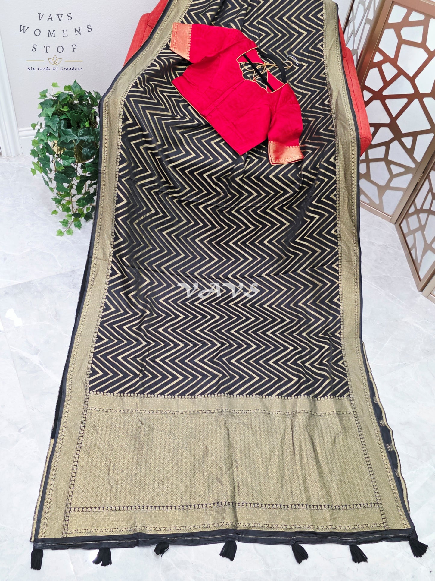 Midnight Black & Antique Gold Munga Banarasi Silk Chevron Saree with Red Stitched Blouse Size 38-44
