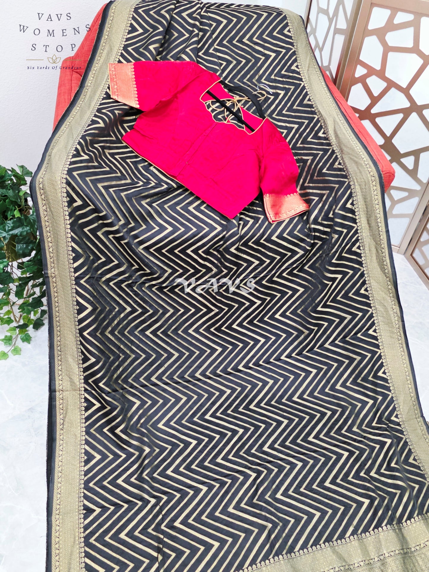 Midnight Black & Antique Gold Munga Banarasi Silk Chevron Saree with Red Stitched Blouse Size 38-44
