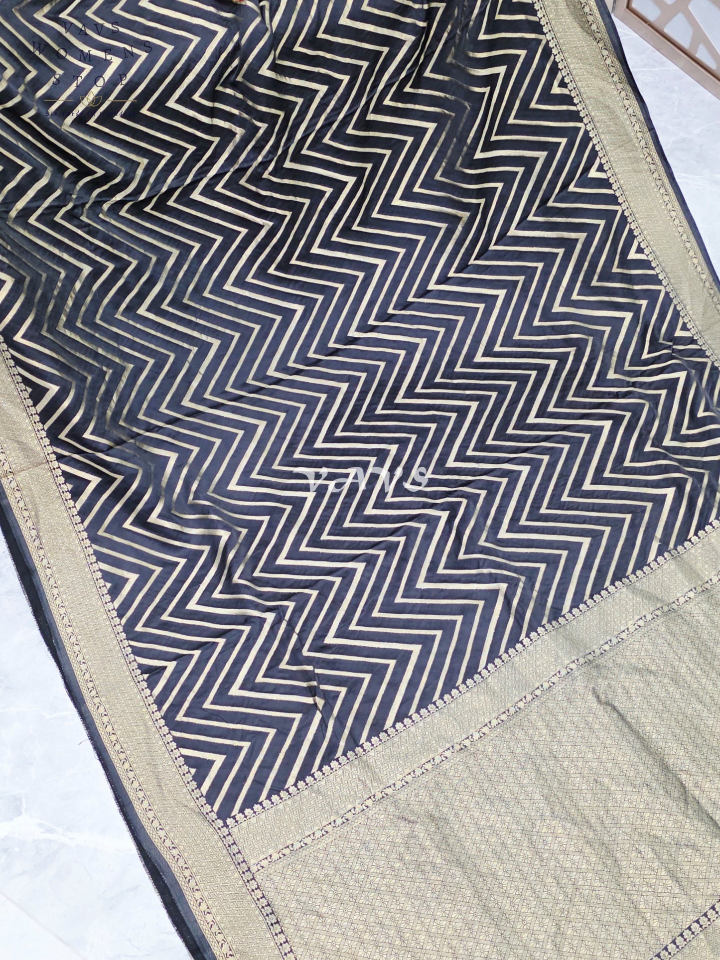 Midnight Black & Antique Gold Munga Banarasi Silk Chevron Saree with Red Stitched Blouse Size 38-44