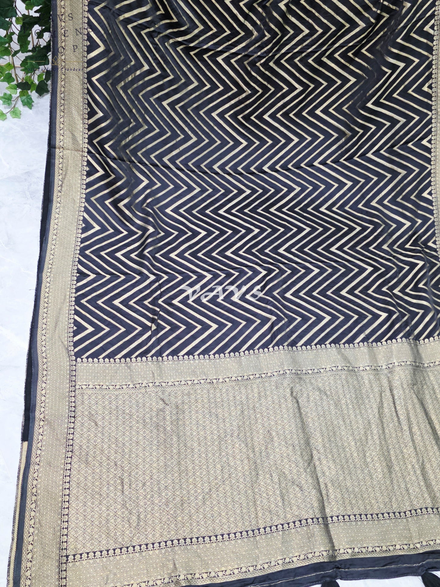Midnight Black & Antique Gold Munga Banarasi Silk Chevron Saree with Red Stitched Blouse Size 38-44
