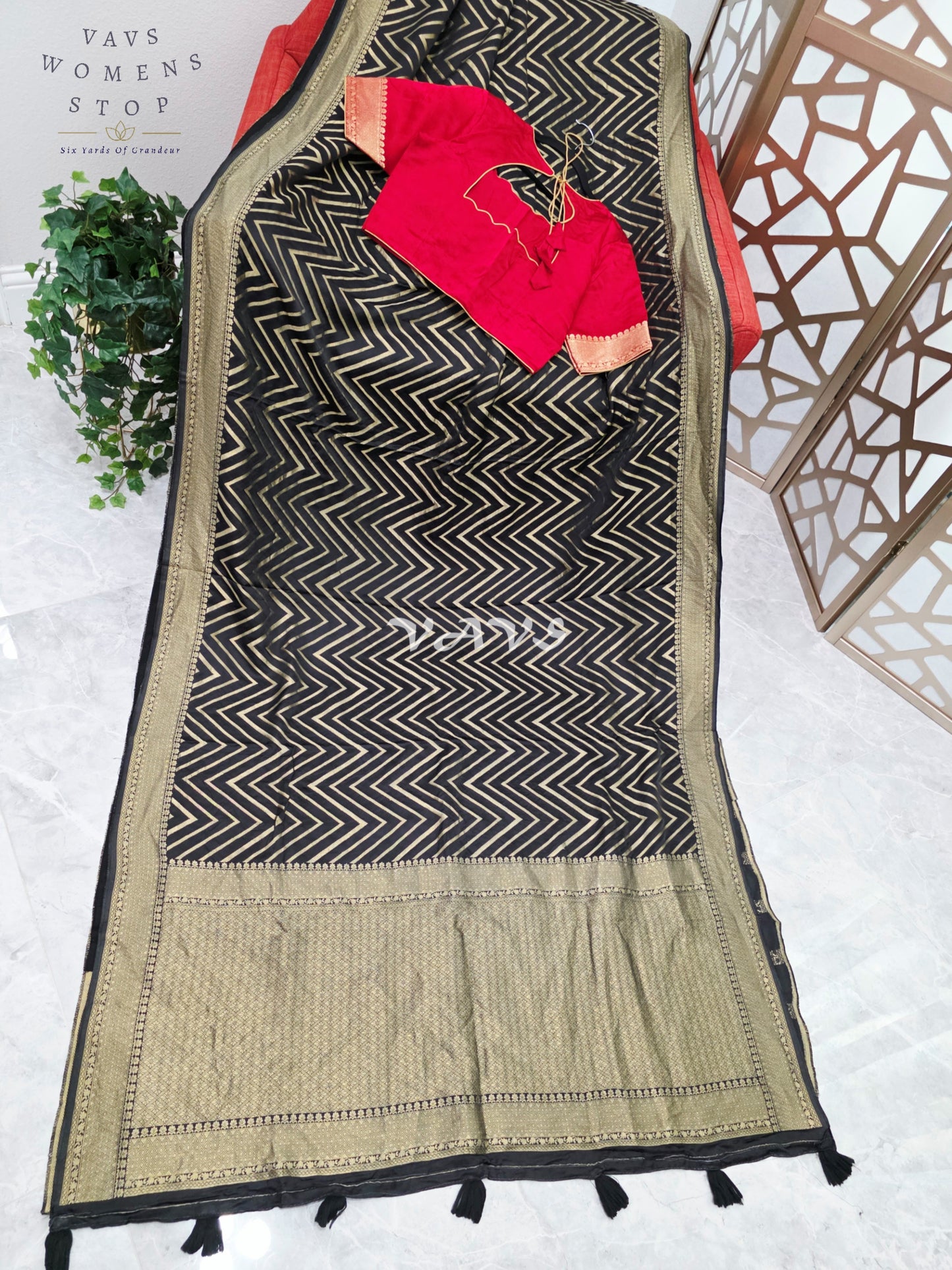 Midnight Black & Antique Gold Munga Banarasi Silk Chevron Saree with Red Stitched Blouse Size 38-44