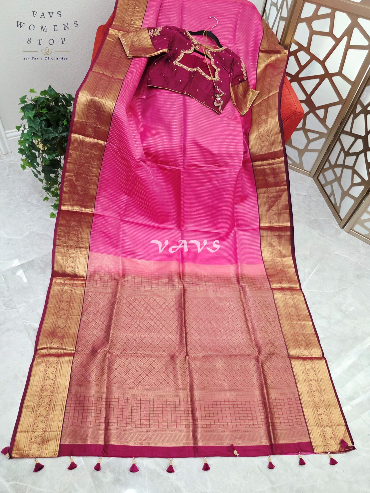 Royal Rani Pink & Antique Gold Pure Kanchi Soft Silk Saree with Wine Maggam Stitched Blouse