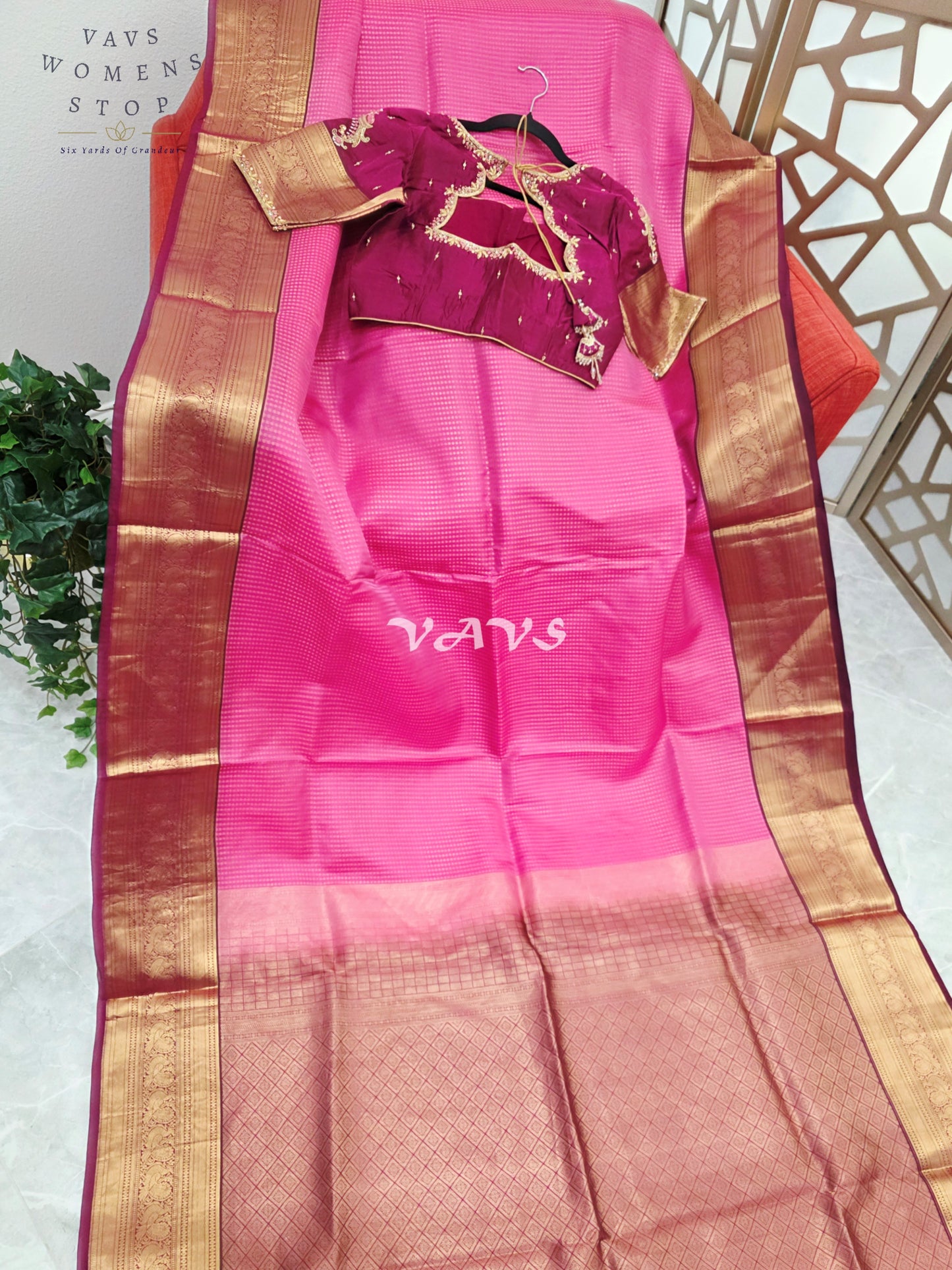 Royal Rani Pink & Antique Gold Pure Kanchi Soft Silk Saree with Wine Maggam Stitched Blouse