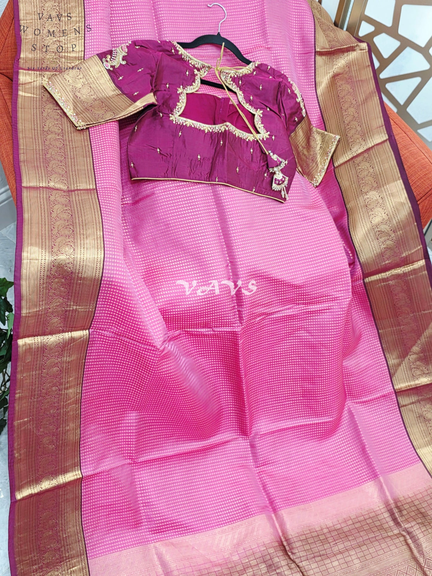 Royal Rani Pink & Antique Gold Pure Kanchi Soft Silk Saree with Wine Maggam Stitched Blouse