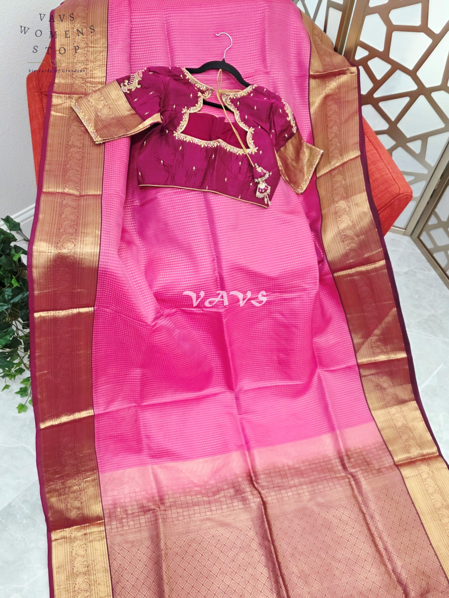 Royal Rani Pink & Antique Gold Pure Kanchi Soft Silk Saree with Wine Maggam Stitched Blouse