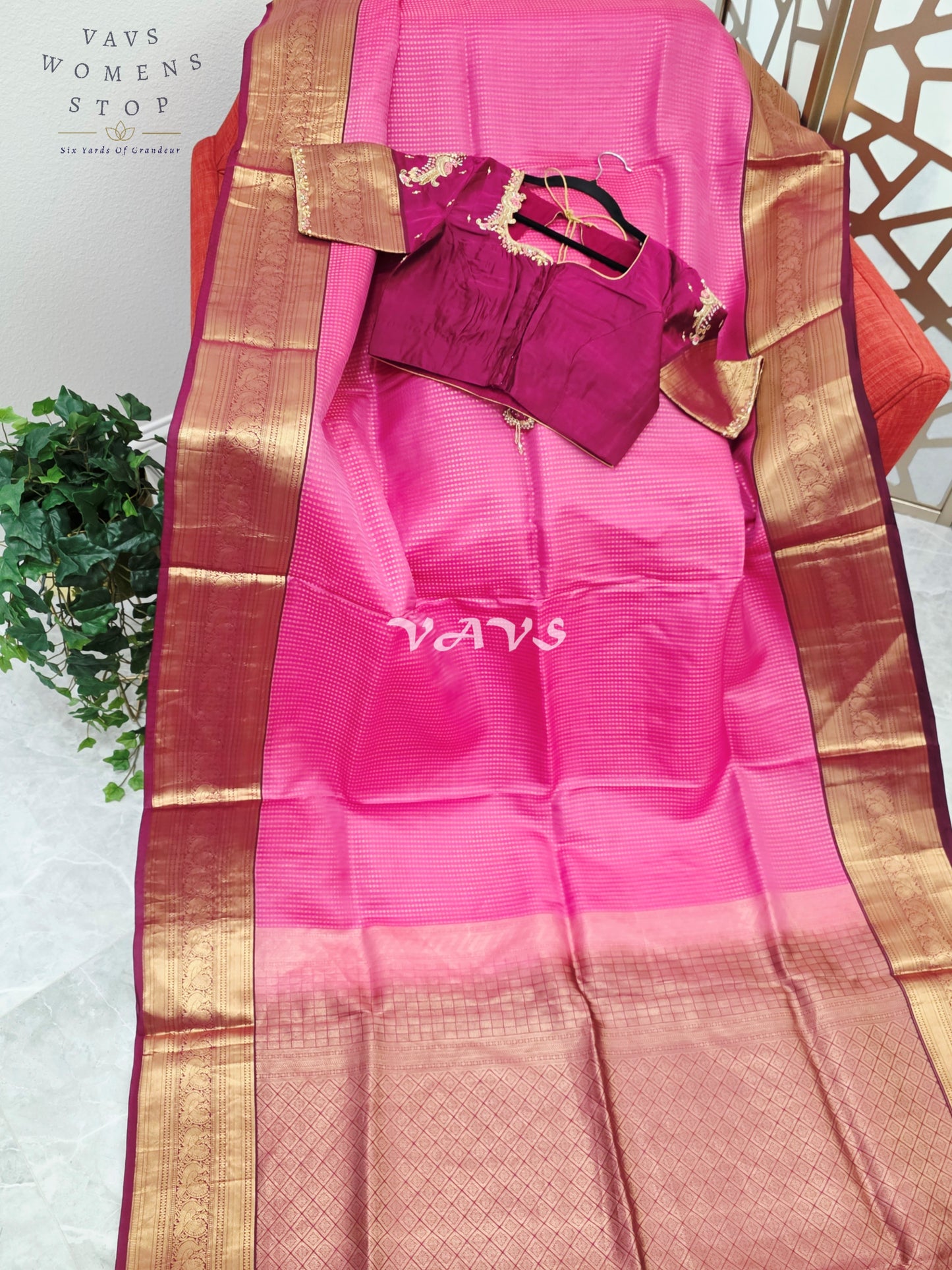 Royal Rani Pink & Antique Gold Pure Kanchi Soft Silk Saree with Wine Maggam Stitched Blouse