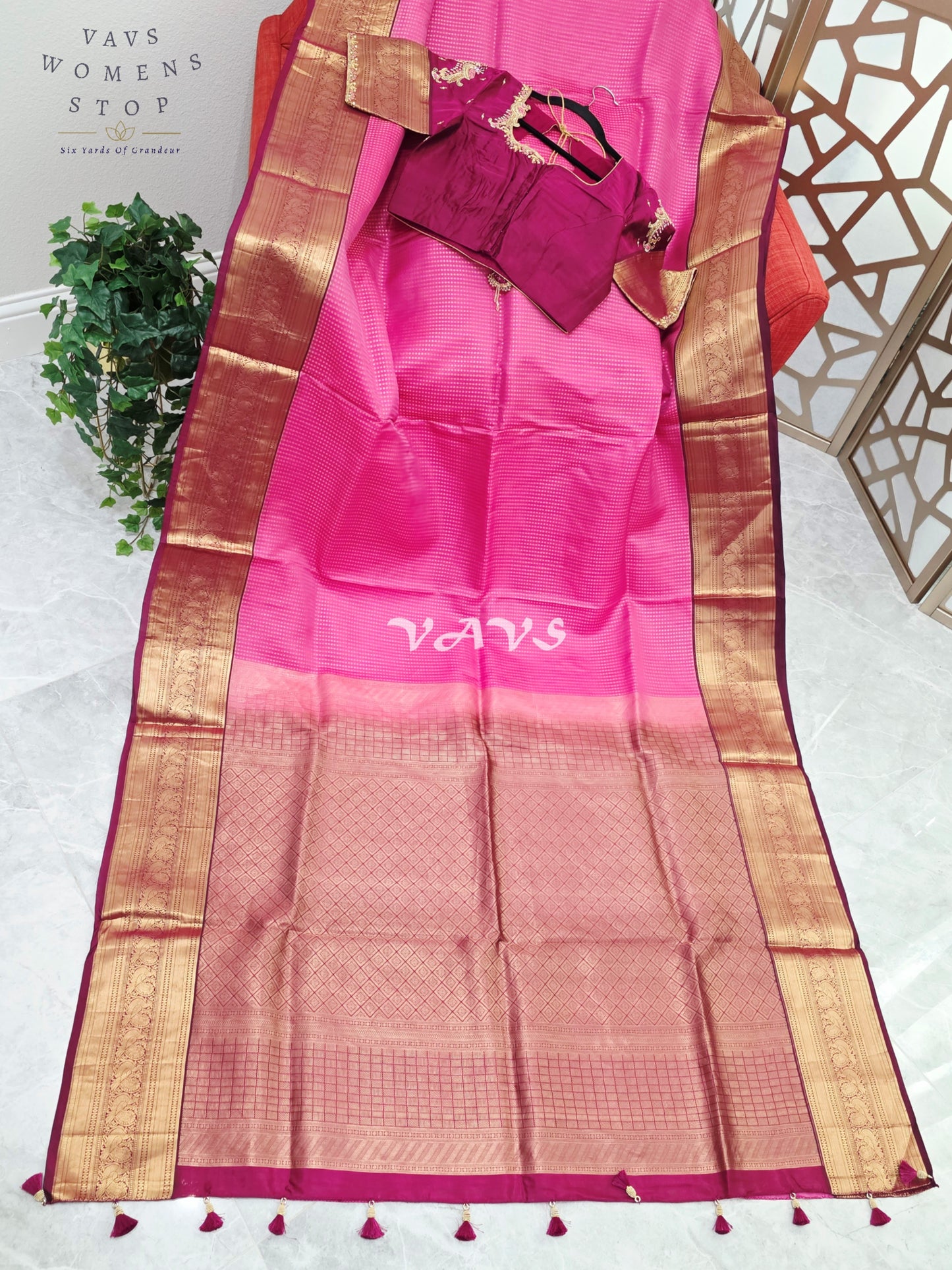 Royal Rani Pink & Antique Gold Pure Kanchi Soft Silk Saree with Wine Maggam Stitched Blouse