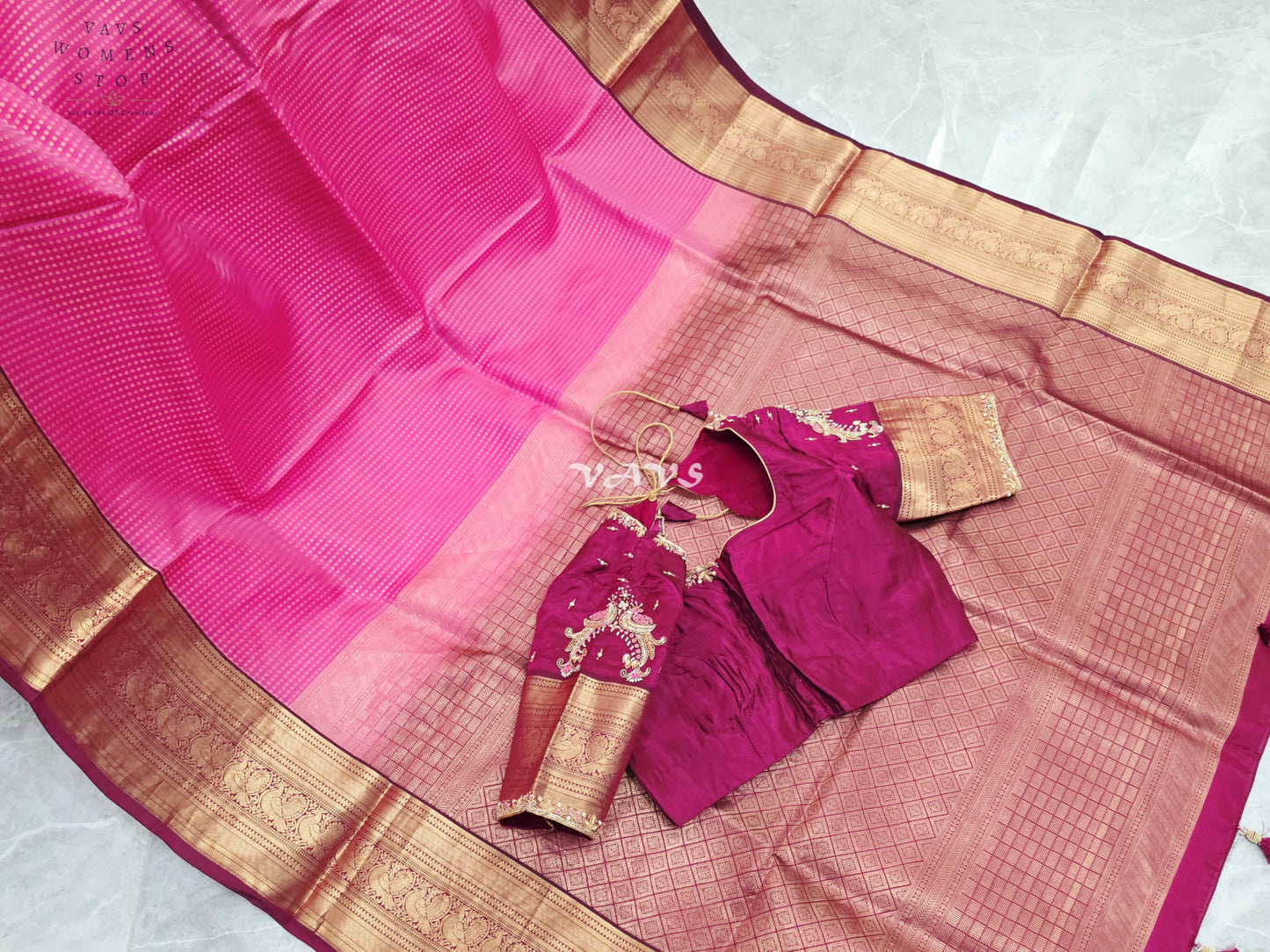 Royal Rani Pink & Antique Gold Pure Kanchi Soft Silk Saree with Wine Maggam Stitched Blouse