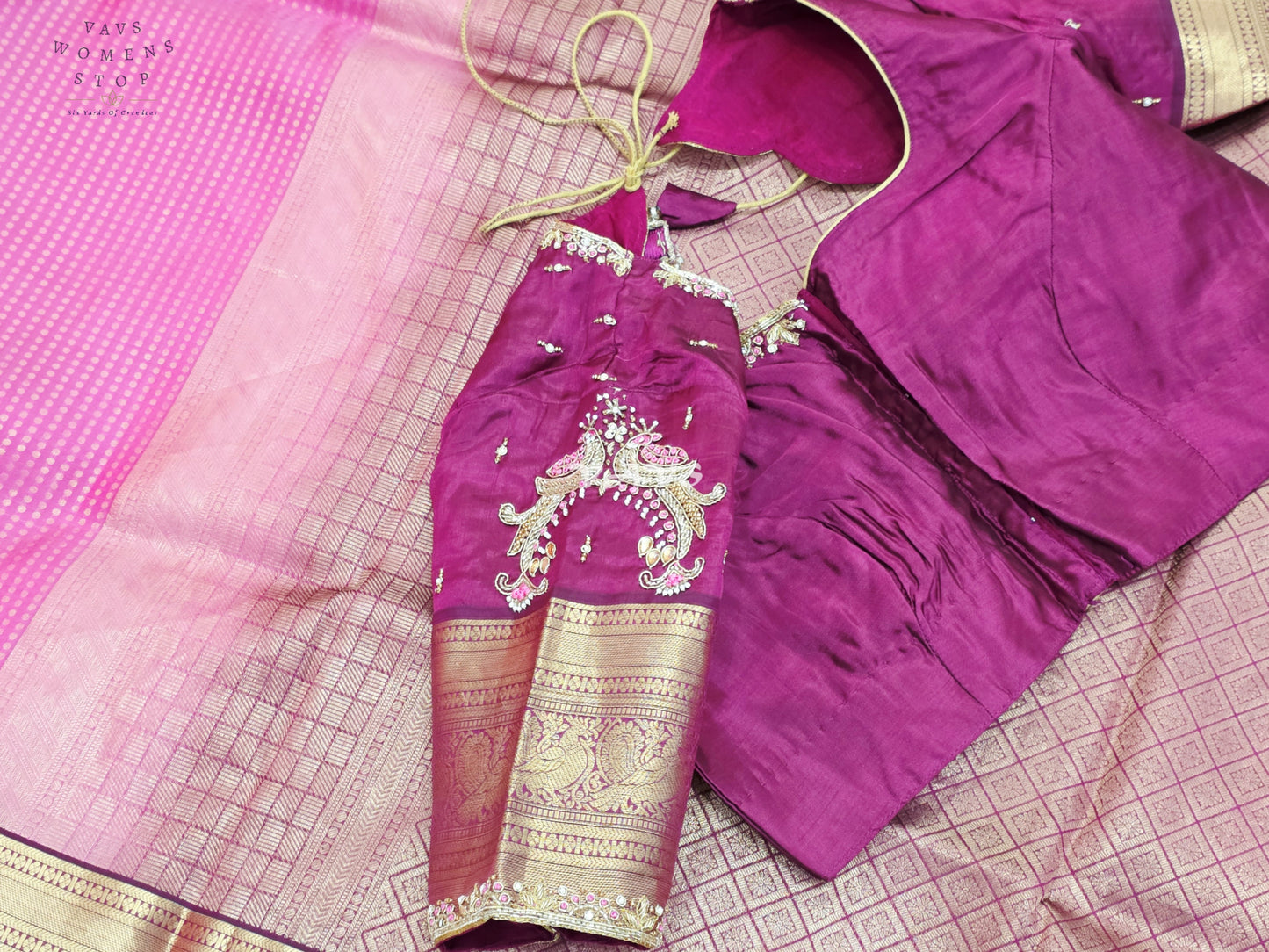 Royal Rani Pink & Antique Gold Pure Kanchi Soft Silk Saree with Wine Maggam Stitched Blouse
