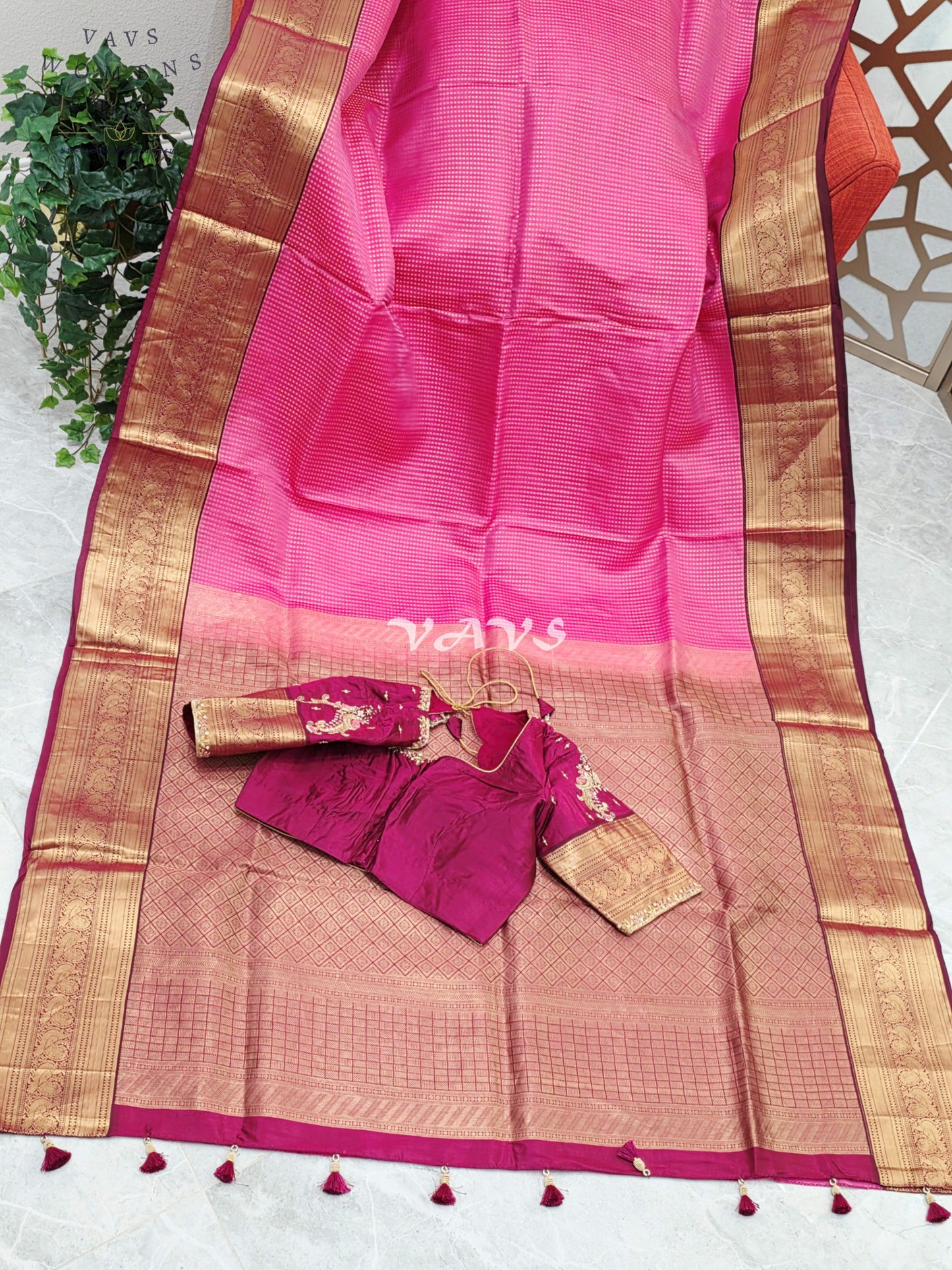 Royal Rani Pink & Antique Gold Pure Kanchi Soft Silk Saree with Wine Maggam Stitched Blouse