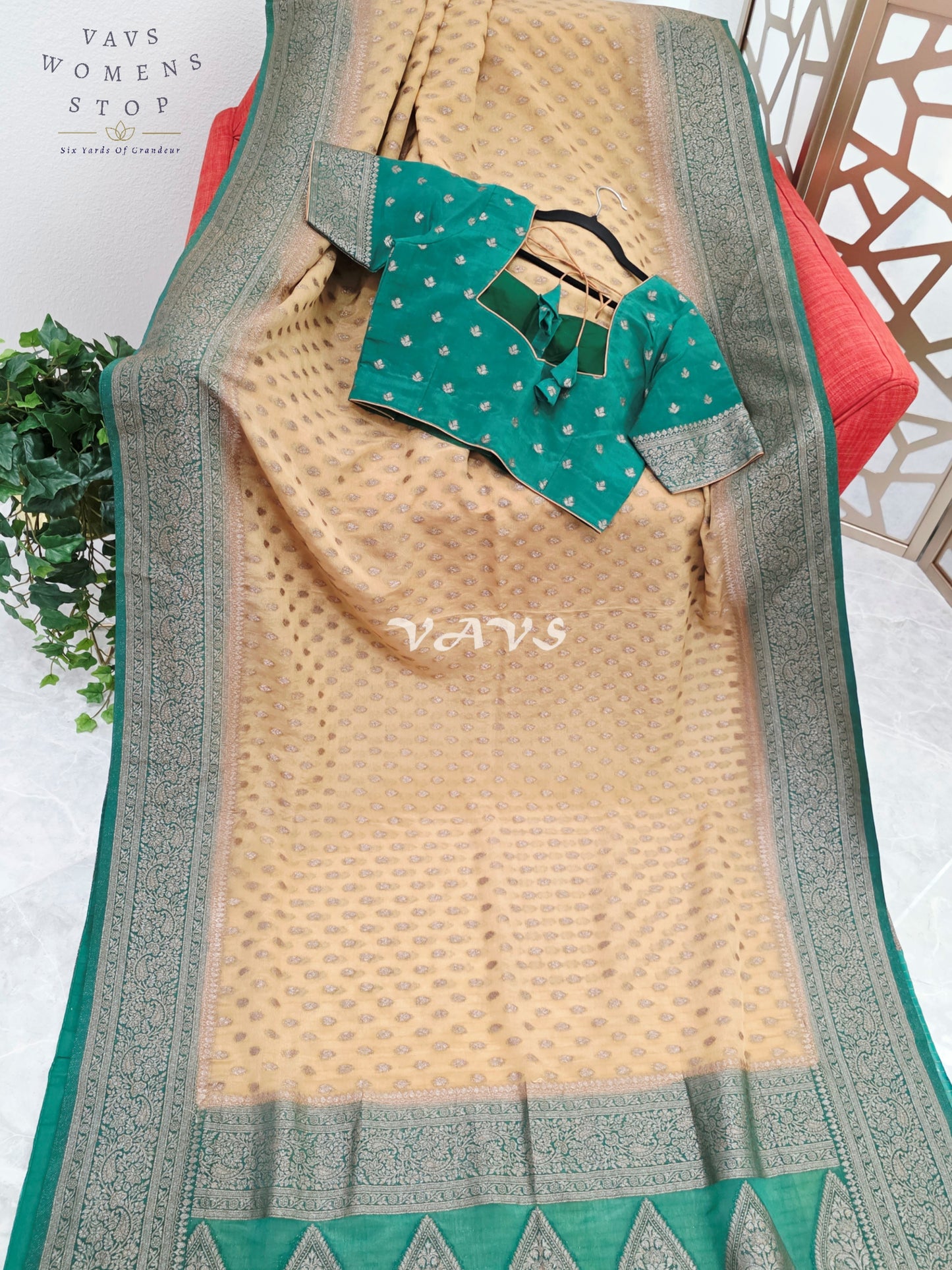 Regal Antique Champagne Gold & Emerald Chiffon Georgette Saree with Stitched Blouse