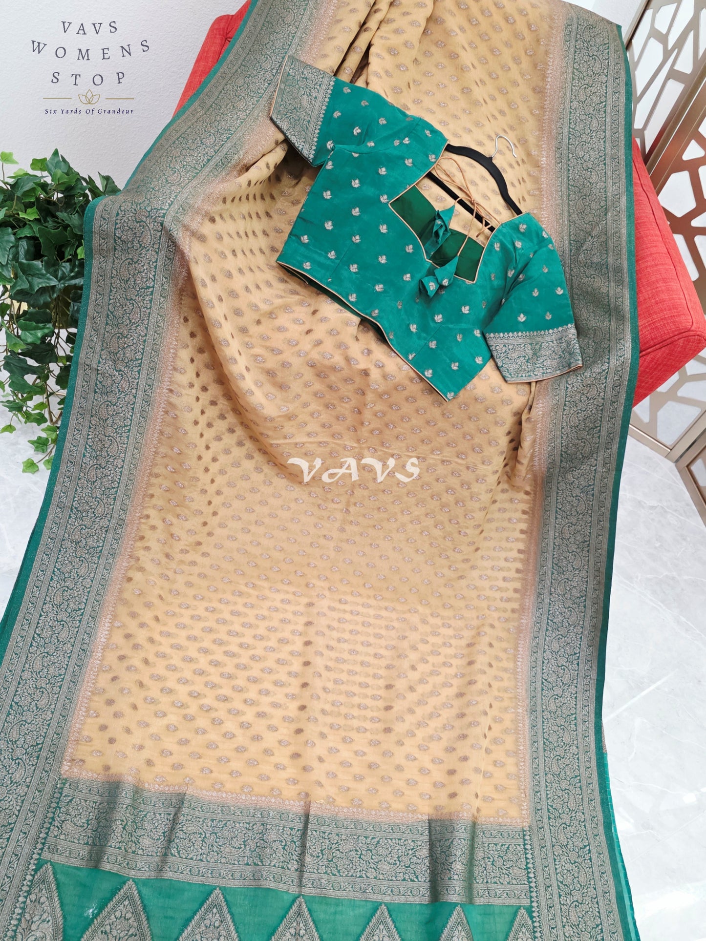 Regal Antique Champagne Gold & Emerald Chiffon Georgette Saree with Stitched Blouse
