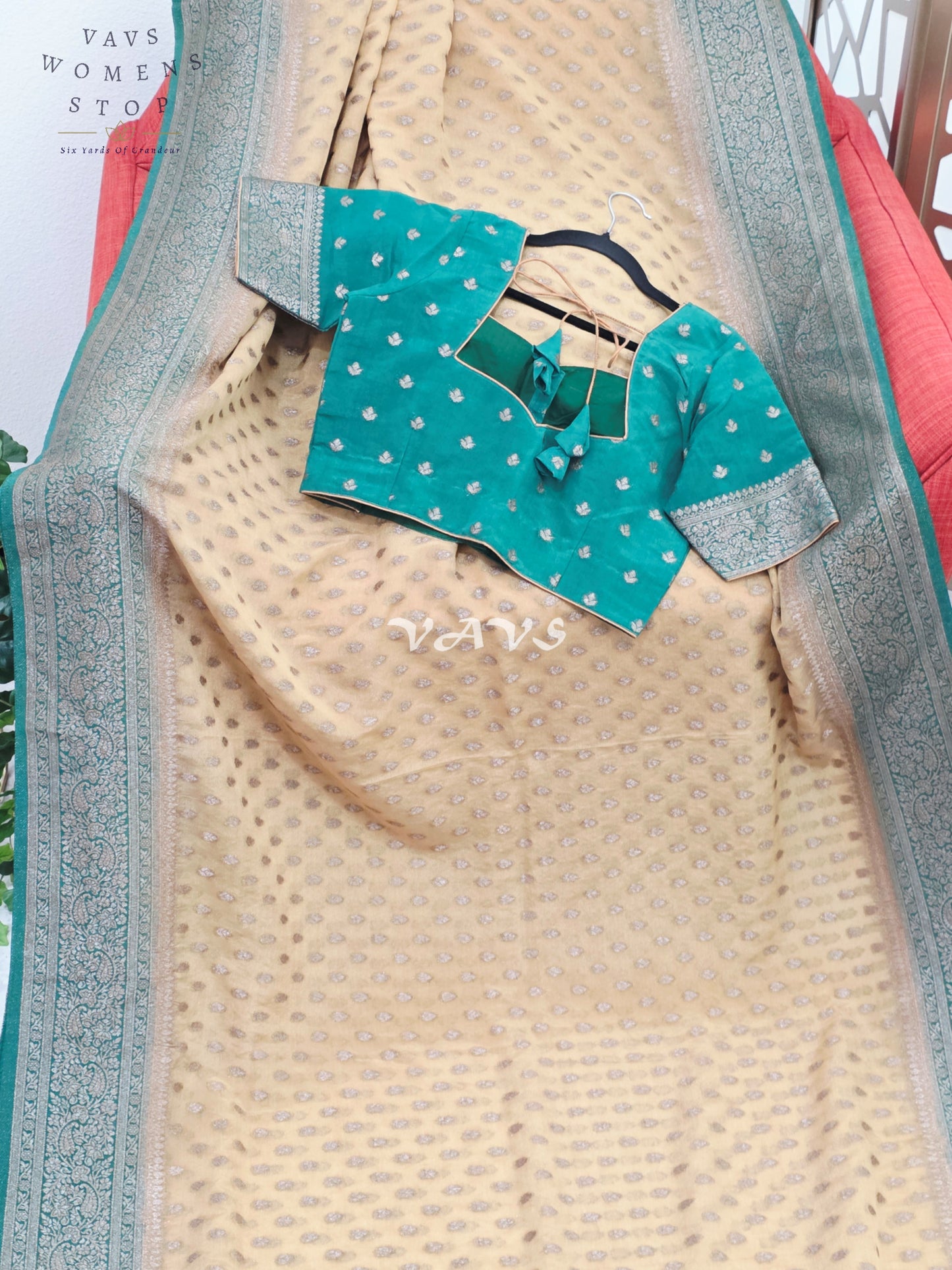 Regal Antique Champagne Gold & Emerald Chiffon Georgette Saree with Stitched Blouse
