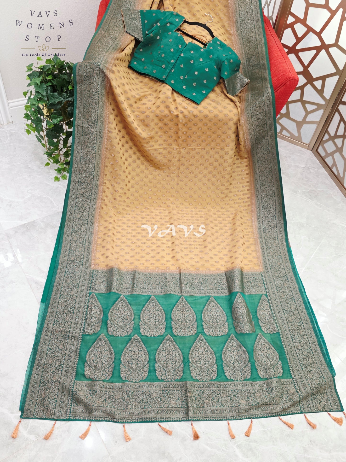 Regal Antique Champagne Gold & Emerald Chiffon Georgette Saree with Stitched Blouse