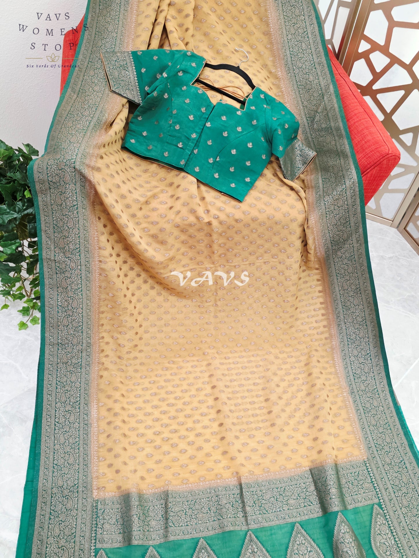 Regal Antique Champagne Gold & Emerald Chiffon Georgette Saree with Stitched Blouse