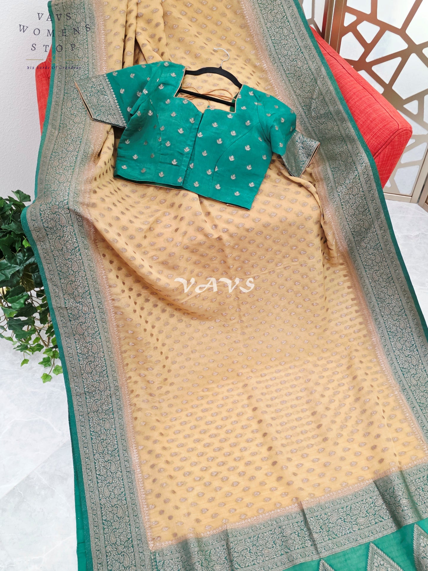Regal Antique Champagne Gold & Emerald Chiffon Georgette Saree with Stitched Blouse