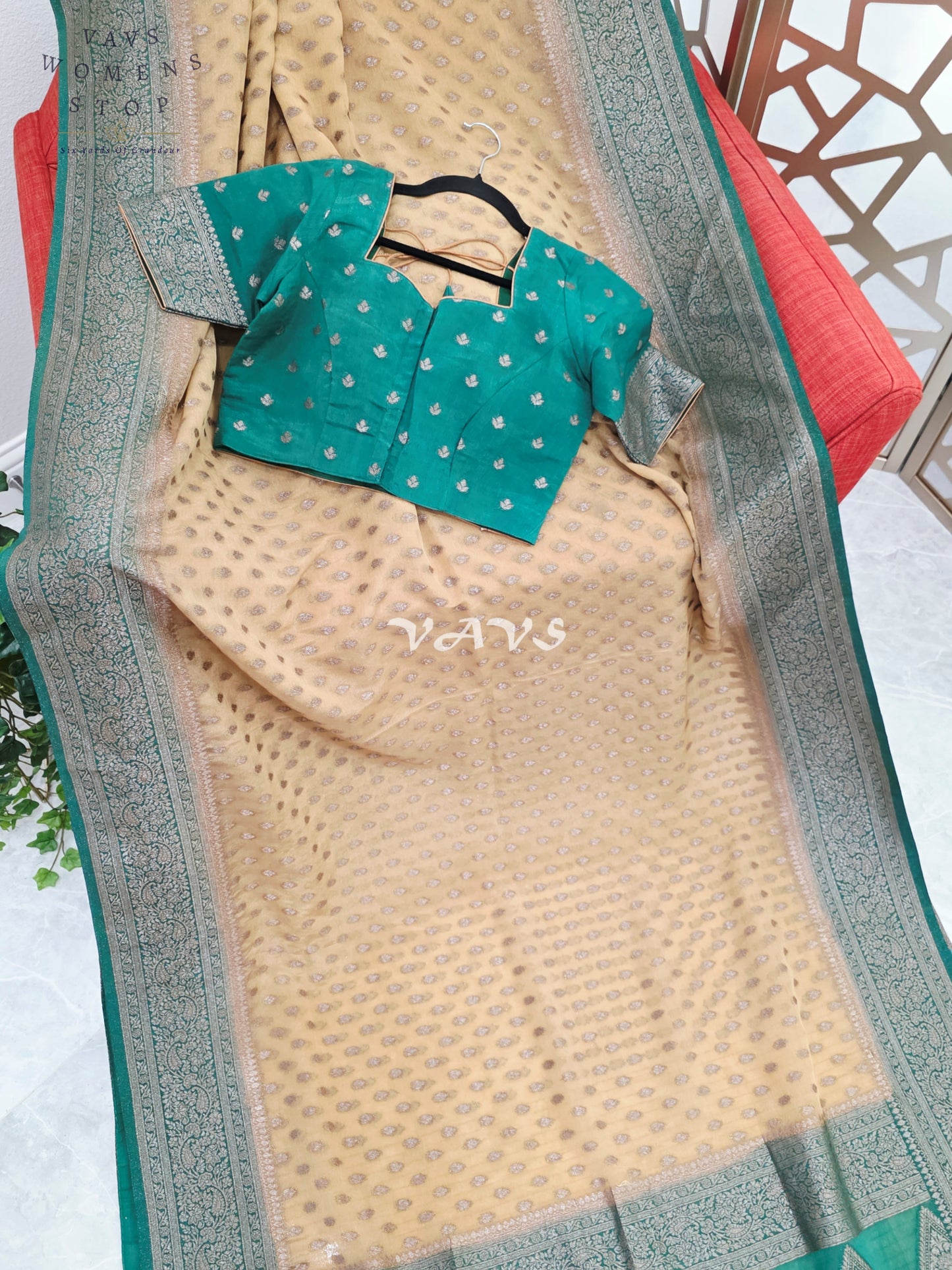 Regal Antique Champagne Gold & Emerald Chiffon Georgette Saree with Stitched Blouse