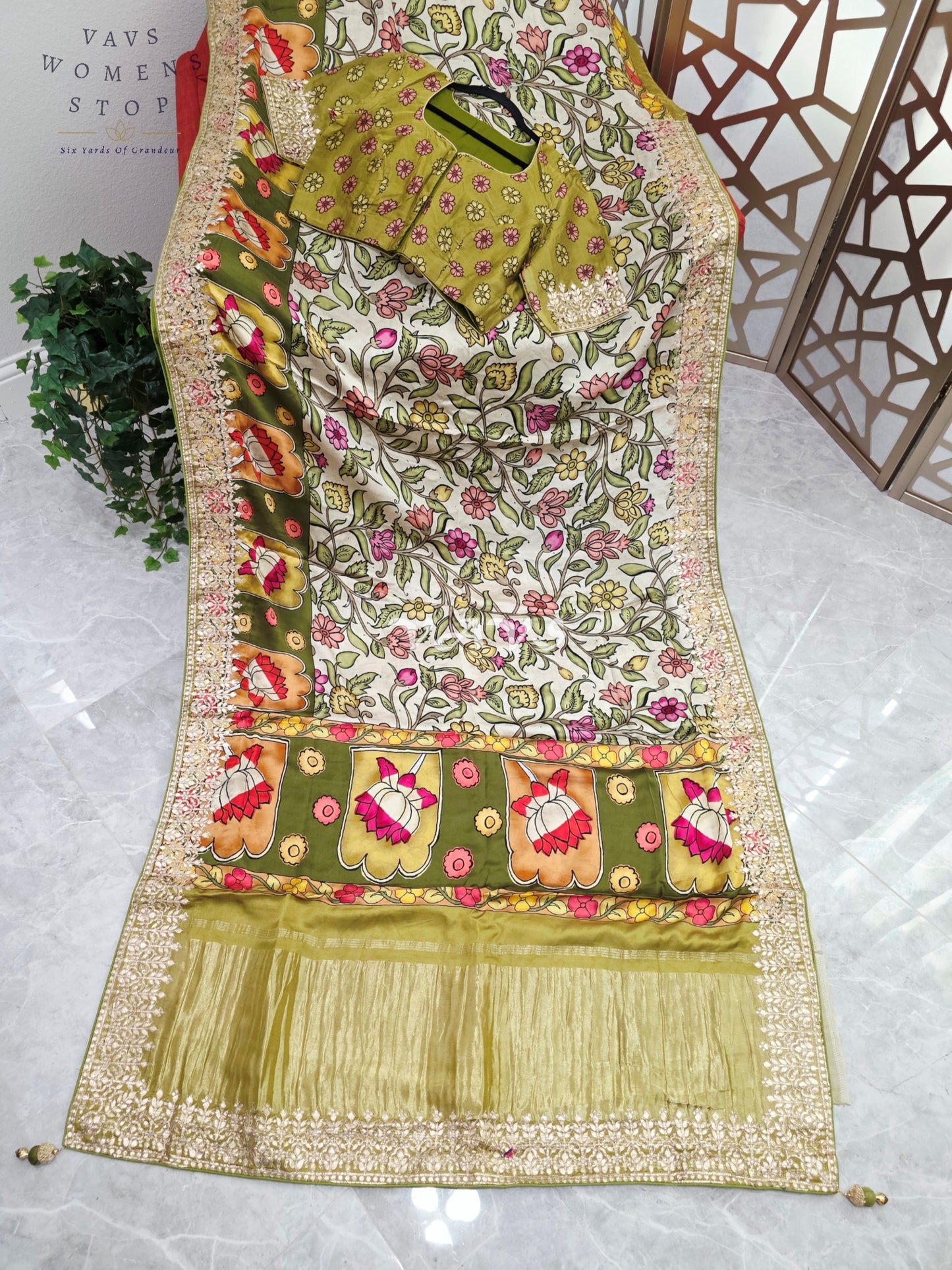 Regal Ivory Meadow & Olive Gold Pure Gaji Crepe Silk Kalamkari Saree with Gota Patti Border, Tissue Pallu & Stitched Blouse