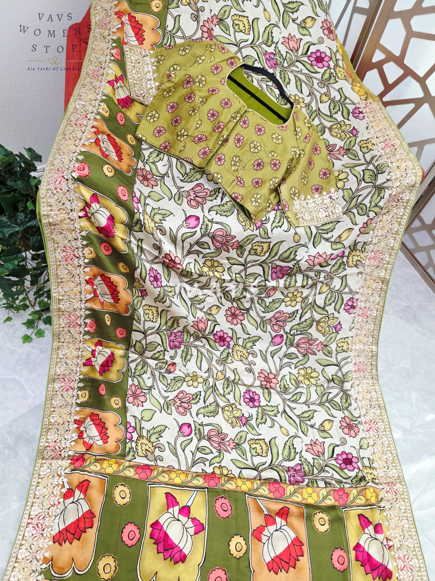 Regal Ivory Meadow & Olive Gold Pure Gaji Crepe Silk Kalamkari Saree with Gota Patti Border, Tissue Pallu & Stitched Blouse