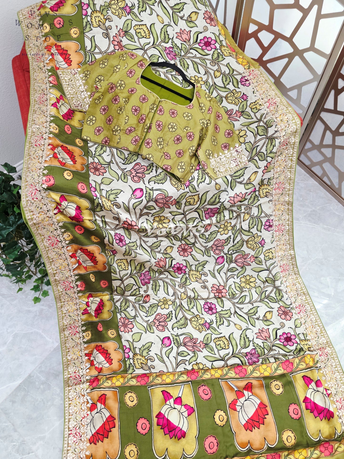 Regal Ivory Meadow & Olive Gold Pure Gaji Crepe Silk Kalamkari Saree with Gota Patti Border, Tissue Pallu & Stitched Blouse