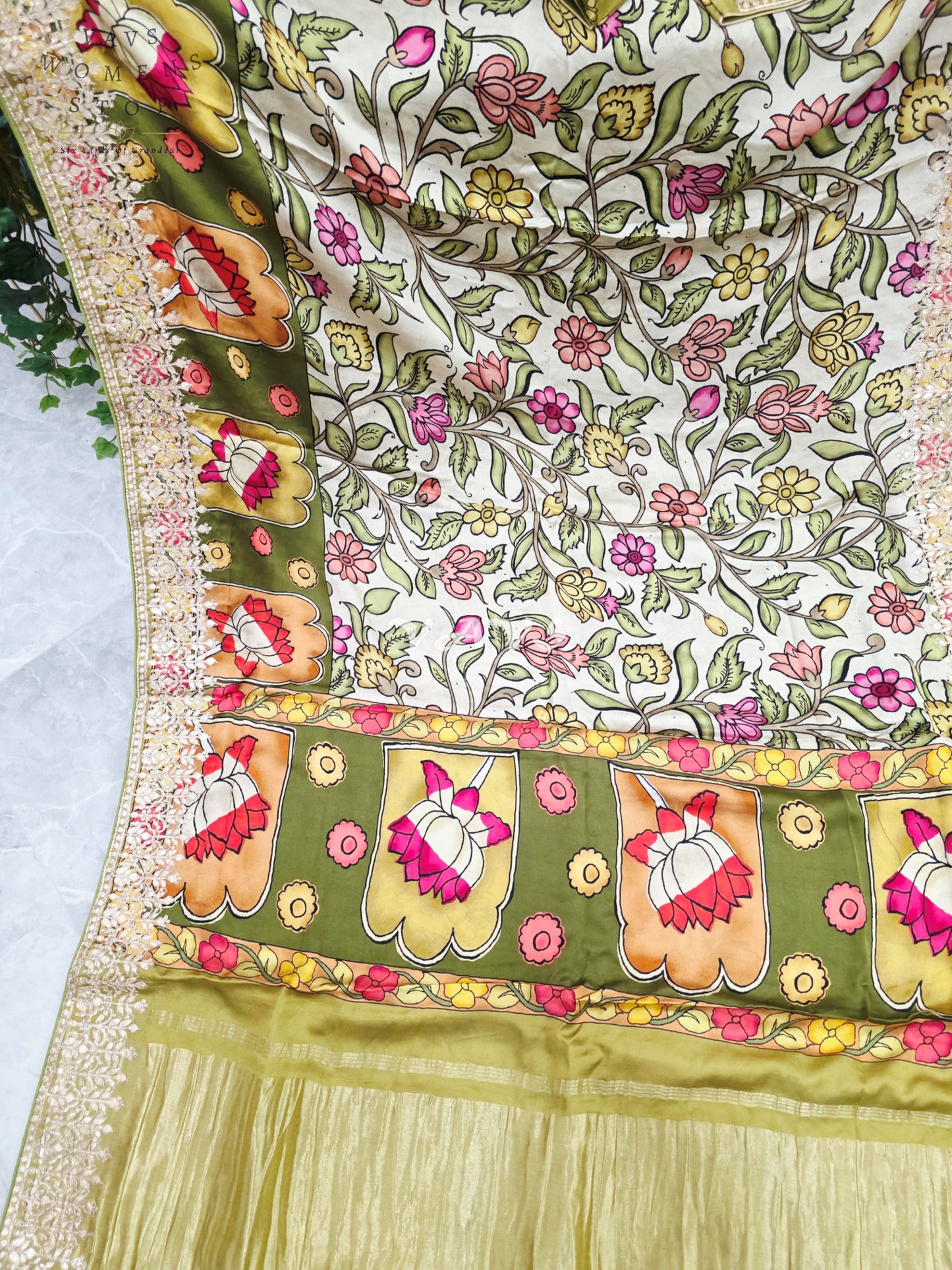 Regal Ivory Meadow & Olive Gold Pure Gaji Crepe Silk Kalamkari Saree with Gota Patti Border, Tissue Pallu & Stitched Blouse