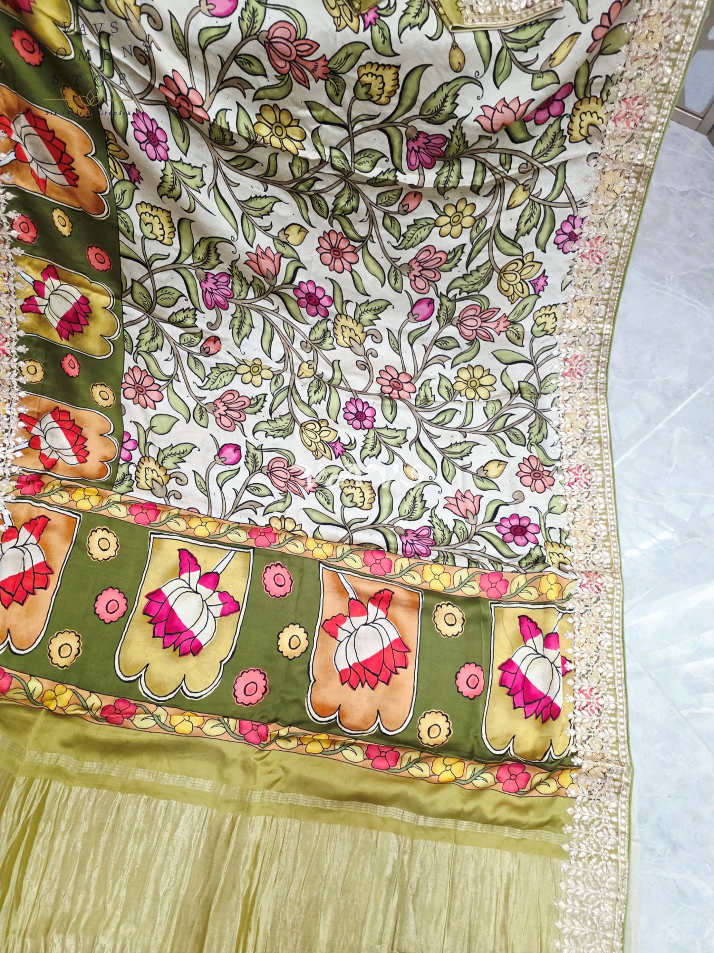 Regal Ivory Meadow & Olive Gold Pure Gaji Crepe Silk Kalamkari Saree with Gota Patti Border, Tissue Pallu & Stitched Blouse