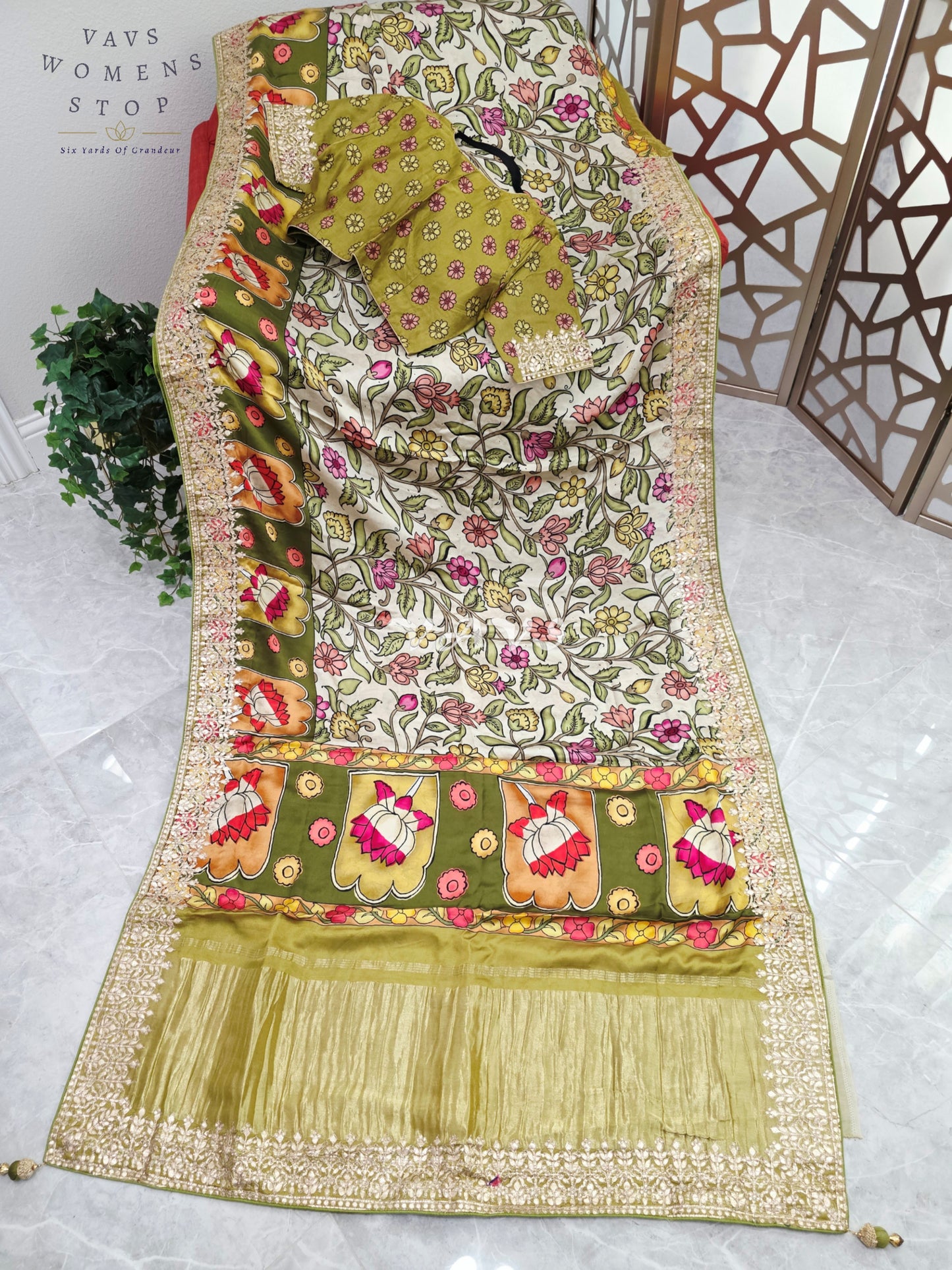 Regal Ivory Meadow & Olive Gold Pure Gaji Crepe Silk Kalamkari Saree with Gota Patti Border, Tissue Pallu & Stitched Blouse