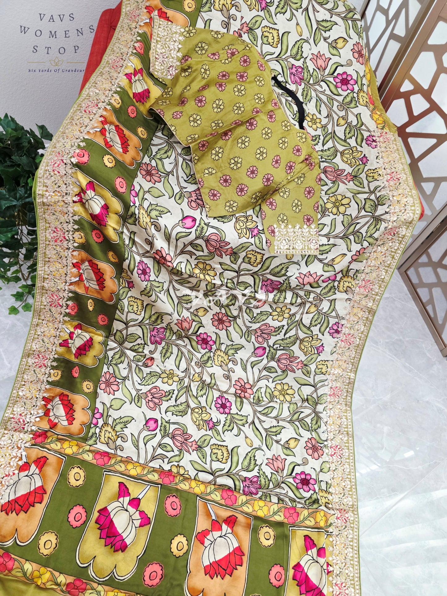 Regal Ivory Meadow & Olive Gold Pure Gaji Crepe Silk Kalamkari Saree with Gota Patti Border, Tissue Pallu & Stitched Blouse