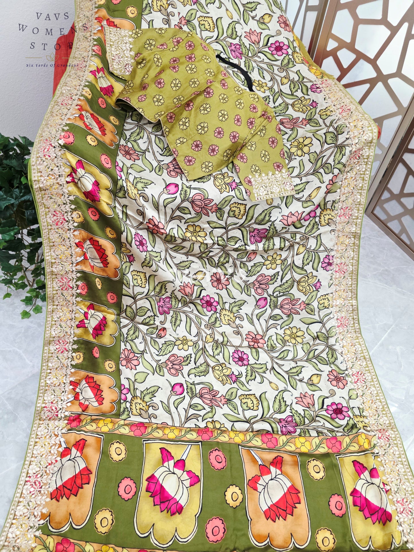 Regal Ivory Meadow & Olive Gold Pure Gaji Crepe Silk Kalamkari Saree with Gota Patti Border, Tissue Pallu & Stitched Blouse
