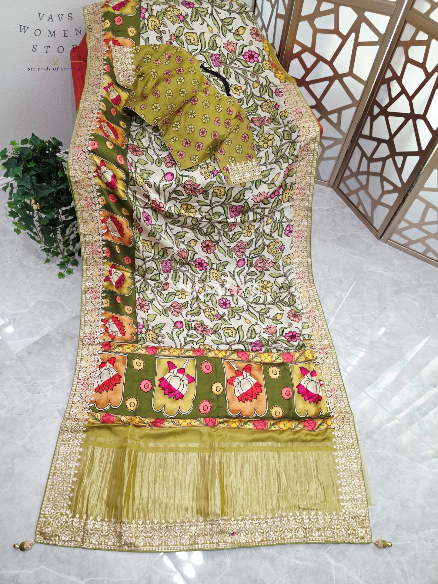 Regal Ivory Meadow & Olive Gold Pure Gaji Crepe Silk Kalamkari Saree with Gota Patti Border, Tissue Pallu & Stitched Blouse