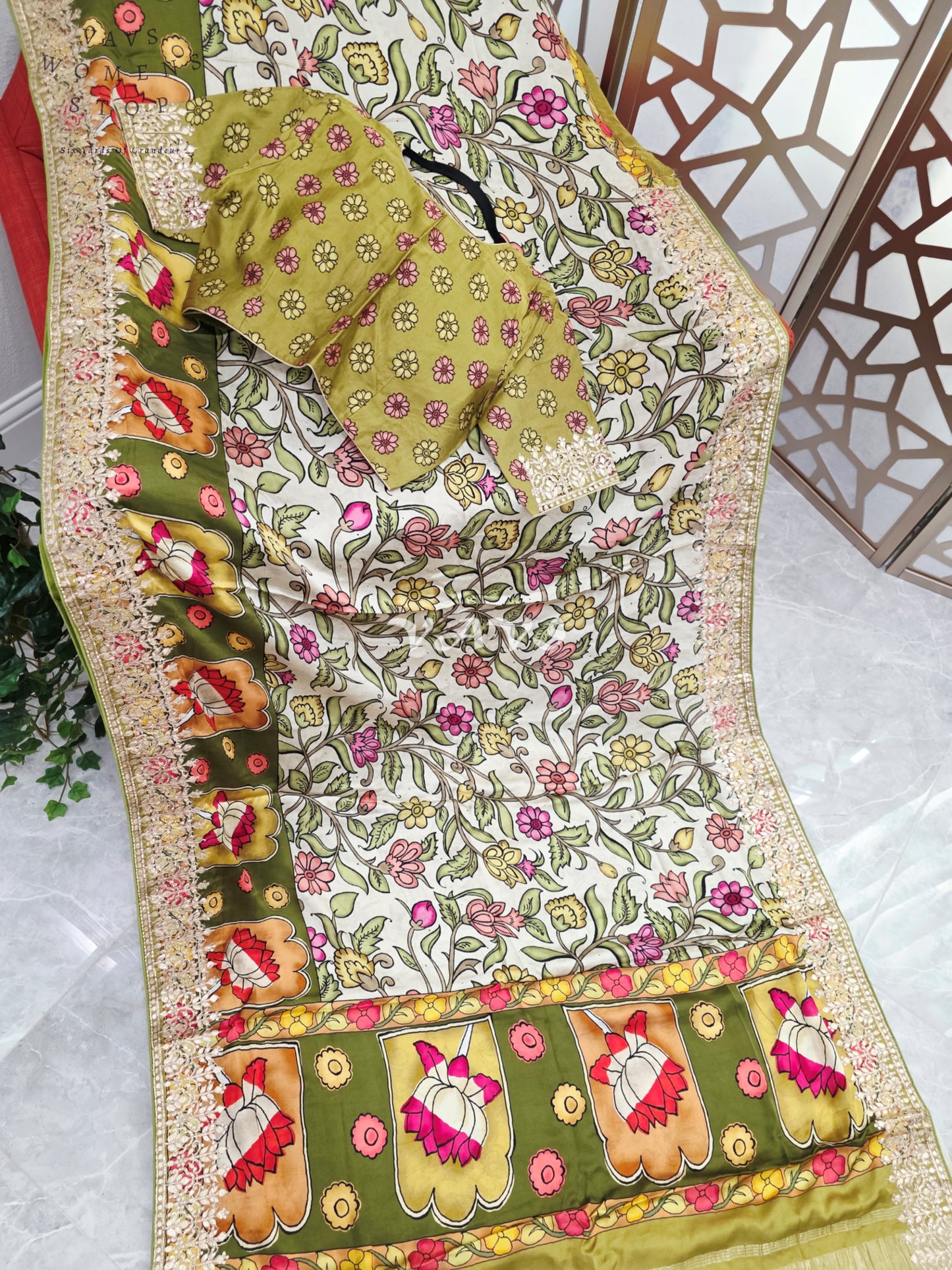 Regal Ivory Meadow & Olive Gold Pure Gaji Crepe Silk Kalamkari Saree with Gota Patti Border, Tissue Pallu & Stitched Blouse