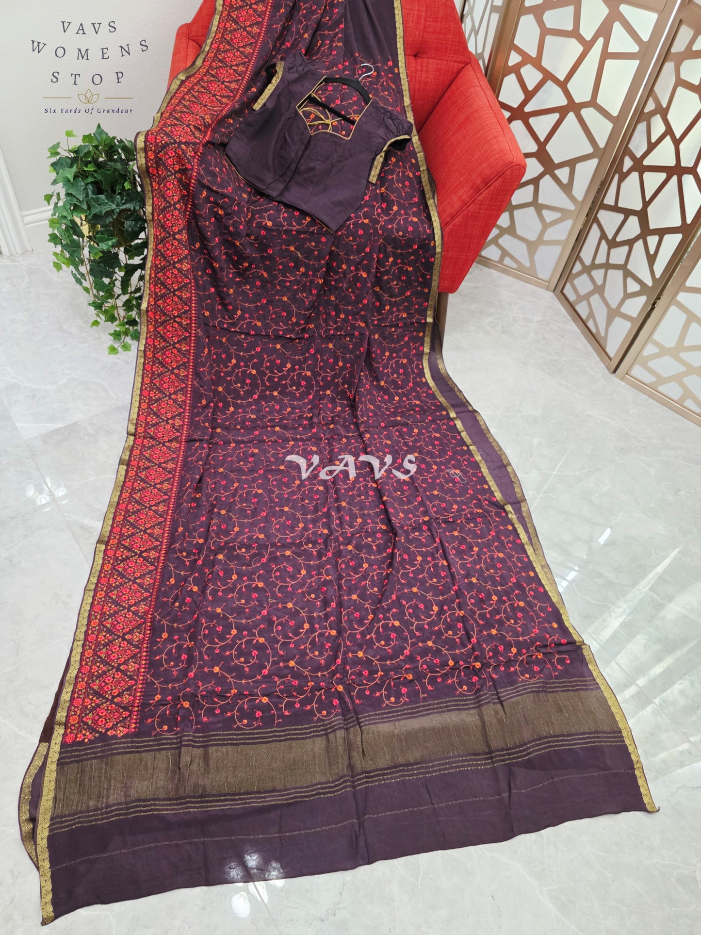 Regal Midnight Aubergine Chinon Crepe Embroidered Saree with Mega Puff-Sleeve Stitched Blouse