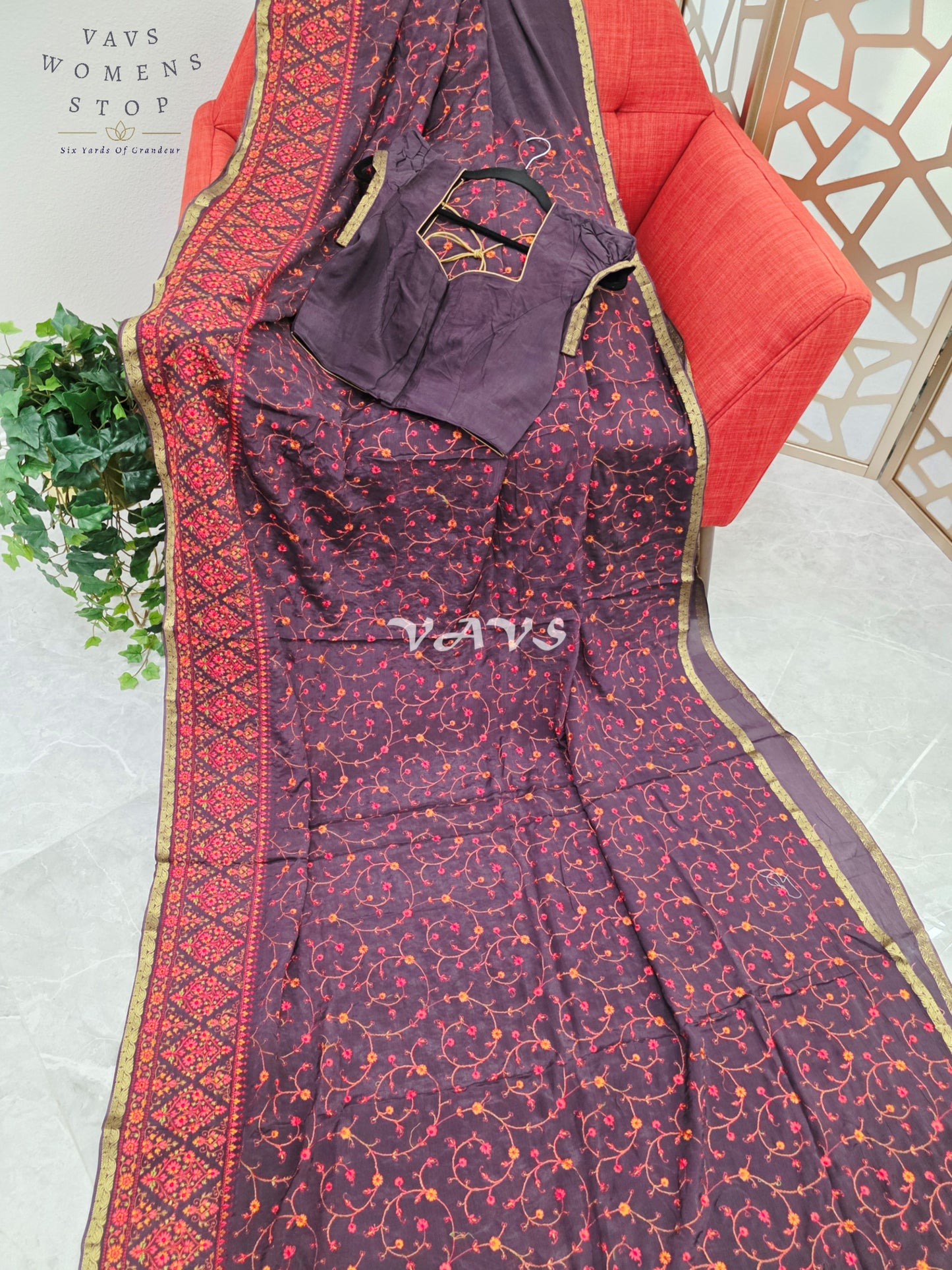 Regal Midnight Aubergine Chinon Crepe Embroidered Saree with Mega Puff-Sleeve Stitched Blouse