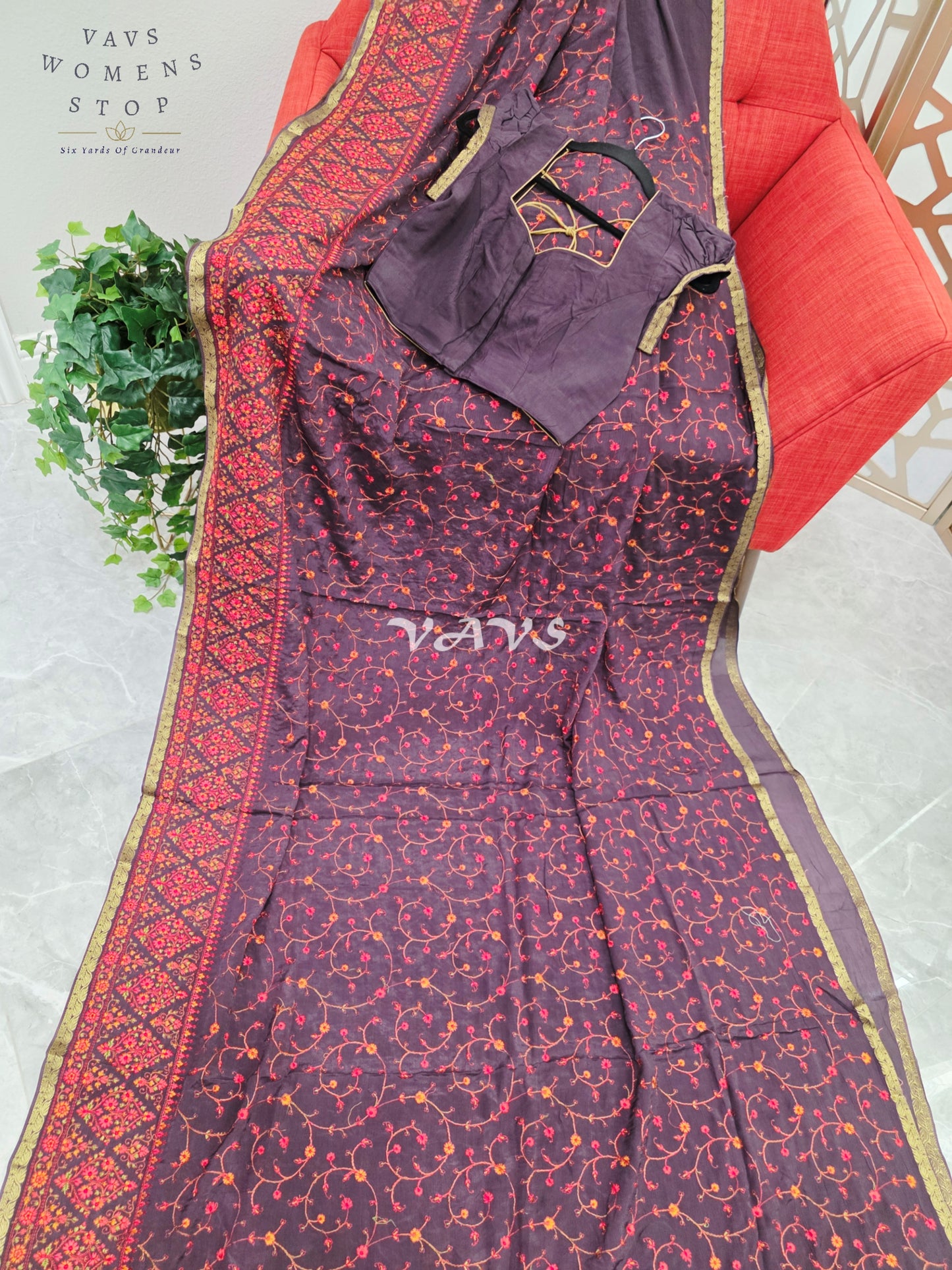 Regal Midnight Aubergine Chinon Crepe Embroidered Saree with Mega Puff-Sleeve Stitched Blouse