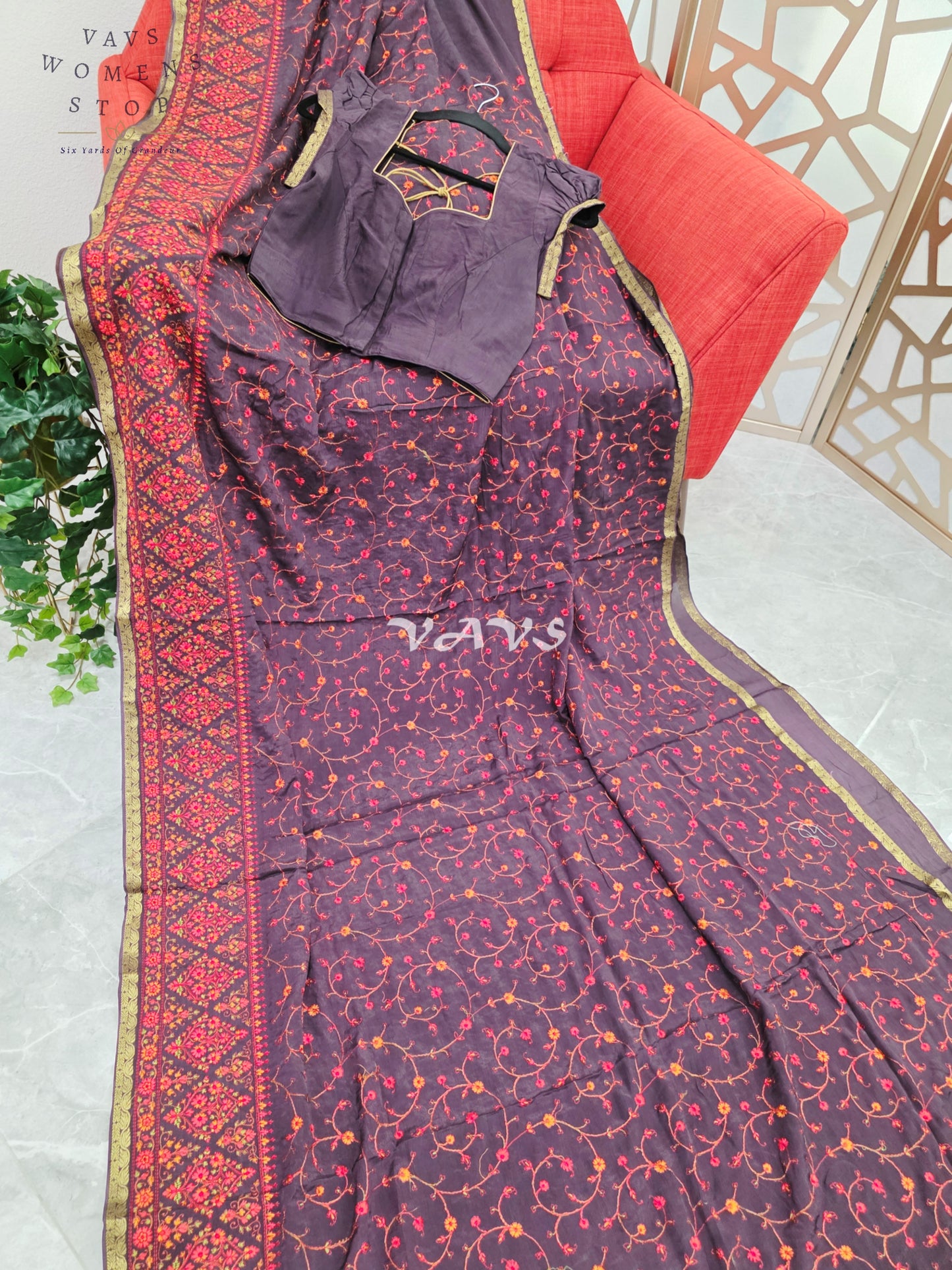 Regal Midnight Aubergine Chinon Crepe Embroidered Saree with Mega Puff-Sleeve Stitched Blouse