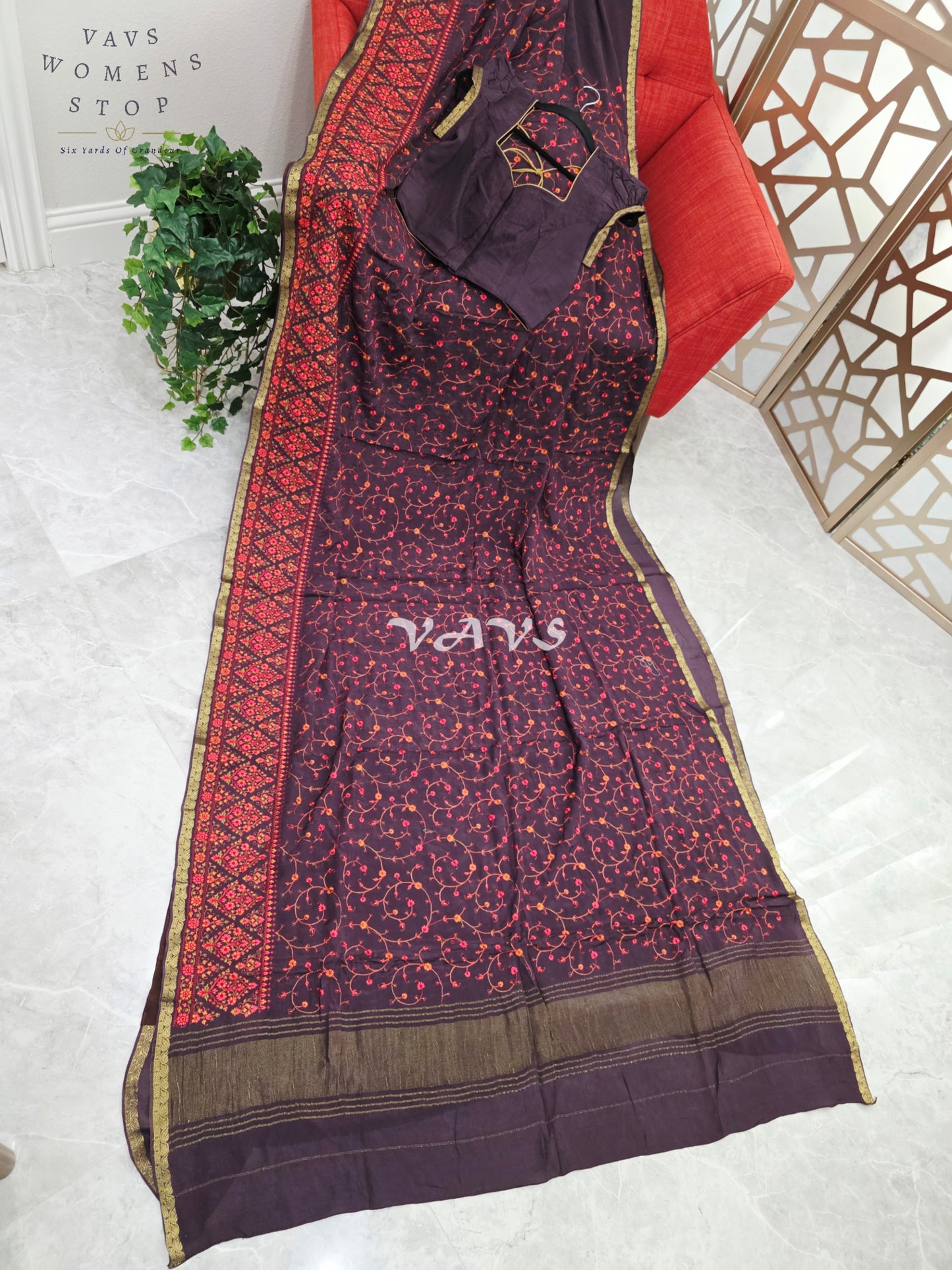 Regal Midnight Aubergine Chinon Crepe Embroidered Saree with Mega Puff-Sleeve Stitched Blouse