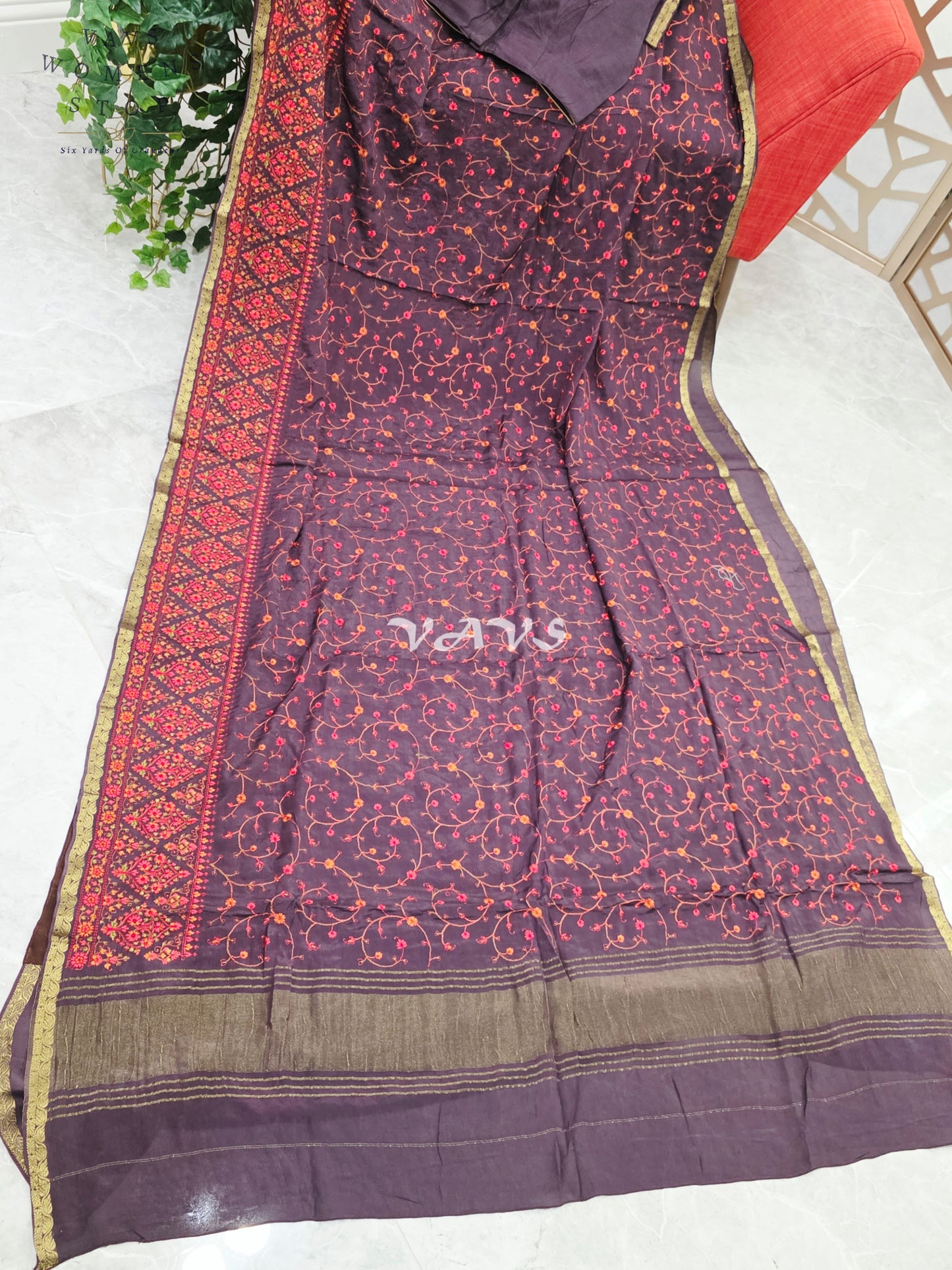 Regal Midnight Aubergine Chinon Crepe Embroidered Saree with Mega Puff-Sleeve Stitched Blouse