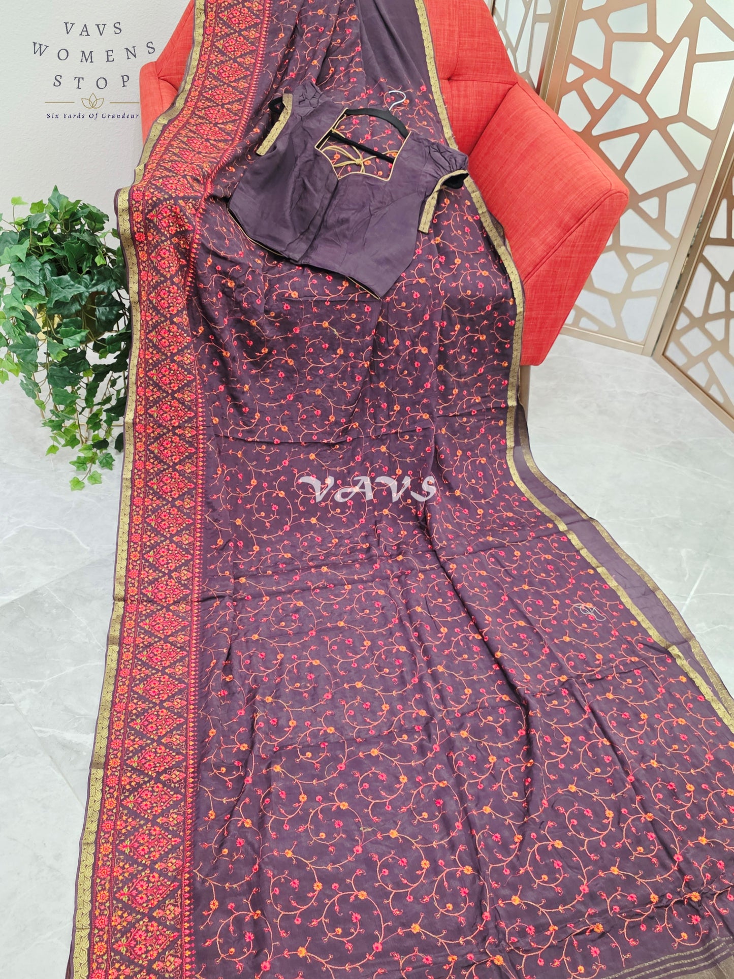 Regal Midnight Aubergine Chinon Crepe Embroidered Saree with Mega Puff-Sleeve Stitched Blouse