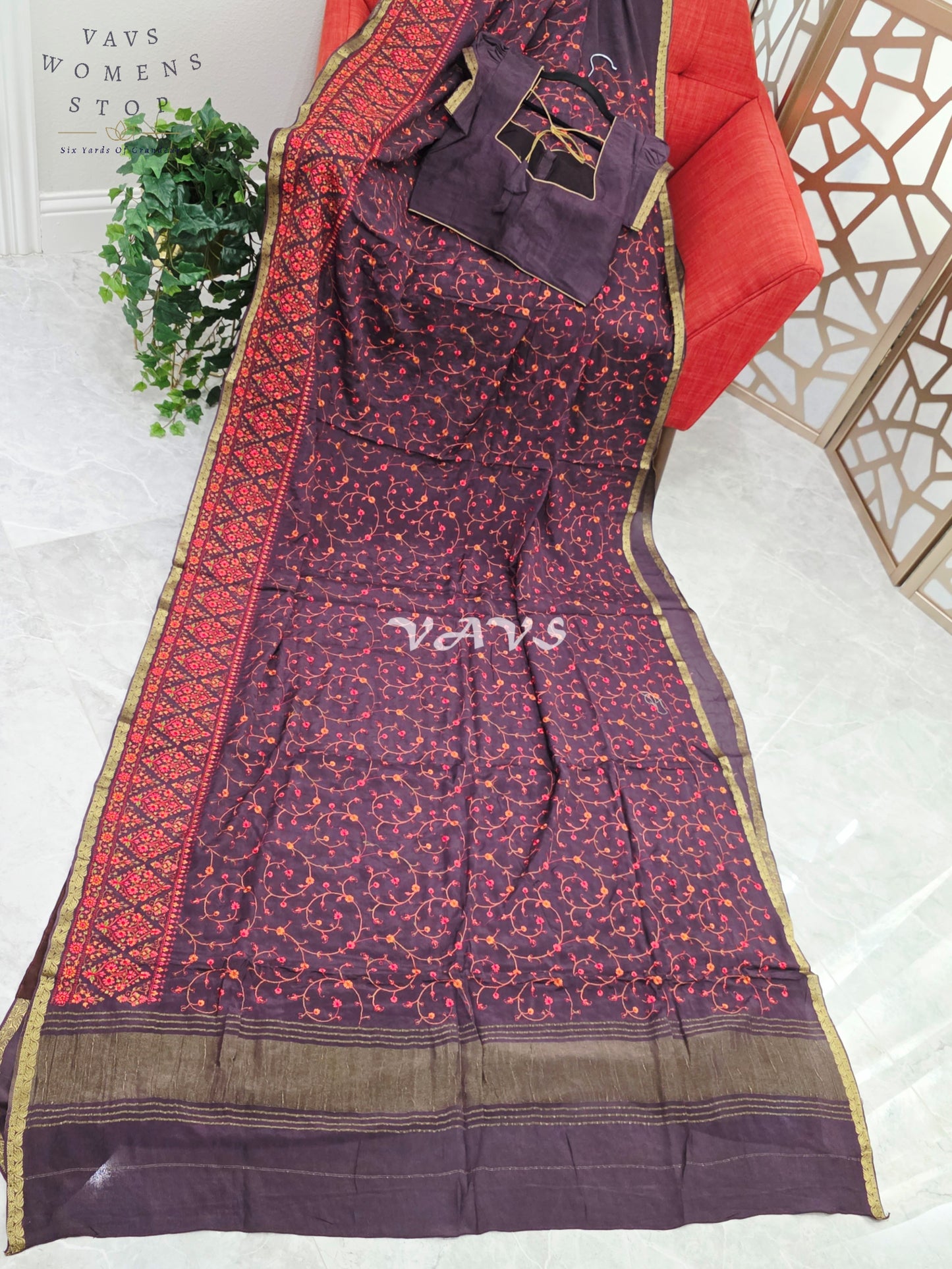 Regal Midnight Aubergine Chinon Crepe Embroidered Saree with Mega Puff-Sleeve Stitched Blouse